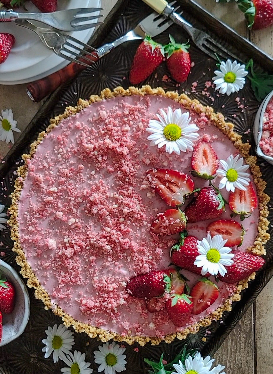 Strawberry Shortcake Mousse tart, covered in fresh berries and daisies