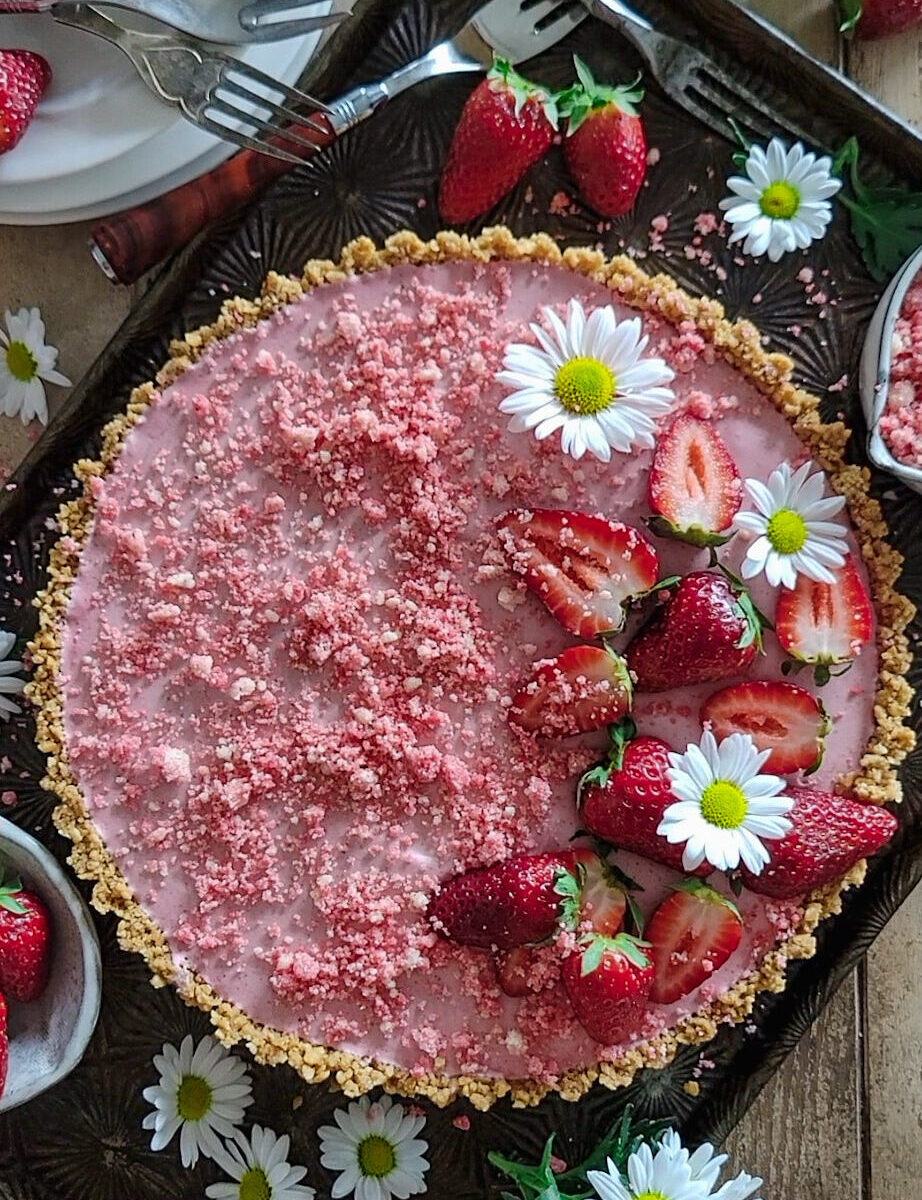 Strawberry Shortcake Mousse tart, covered in fresh berries and daisies