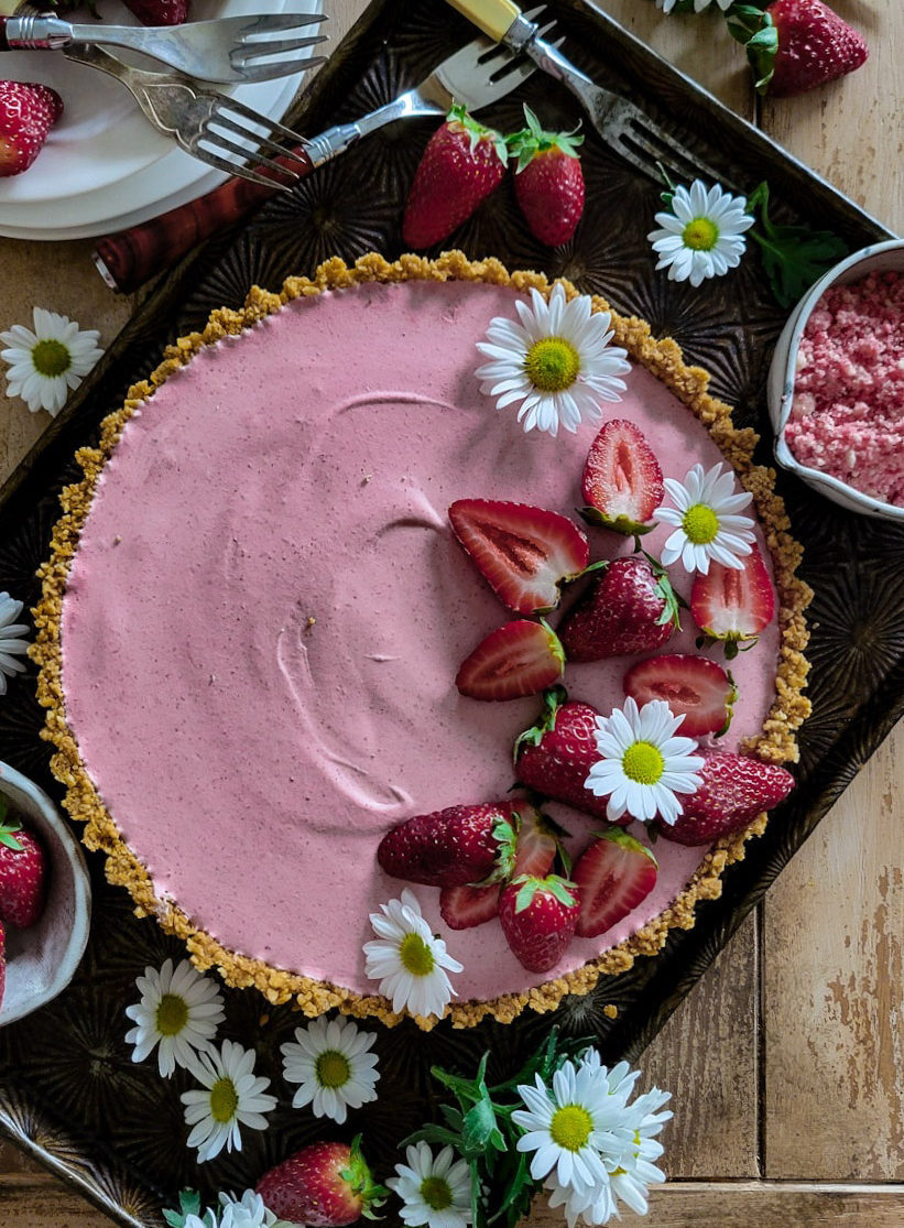 Strawberry Shortcake Mousse tart, covered in fresh berries and daisies