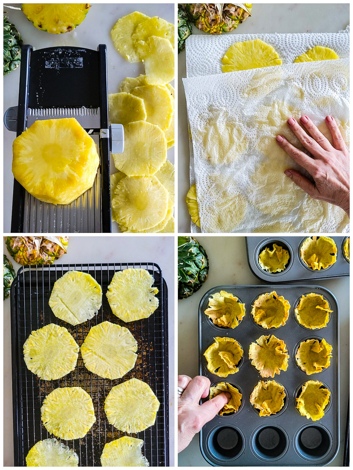 series of photos showing how to create edible flowers out of thin pineapple slices