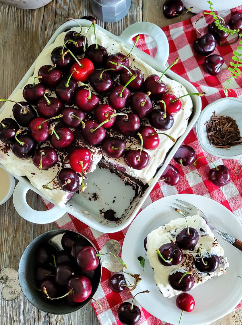 black forest tiramisu in a pan with a slice on a small plate next to it. Fresh cherries, chocolate shavings and a red checkered cloth are in the background.