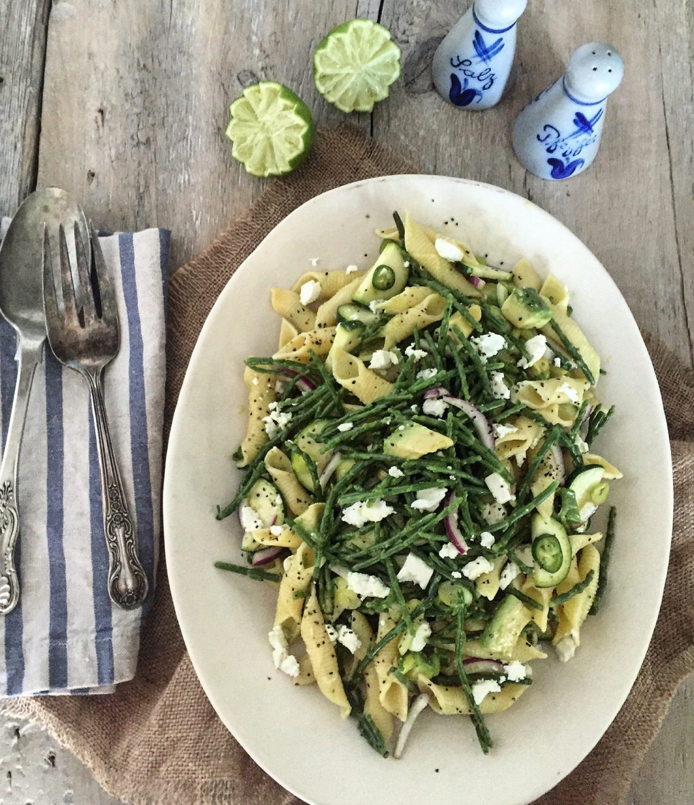 Samphire and Zucchini Pasta Salad with Avocado and Feta