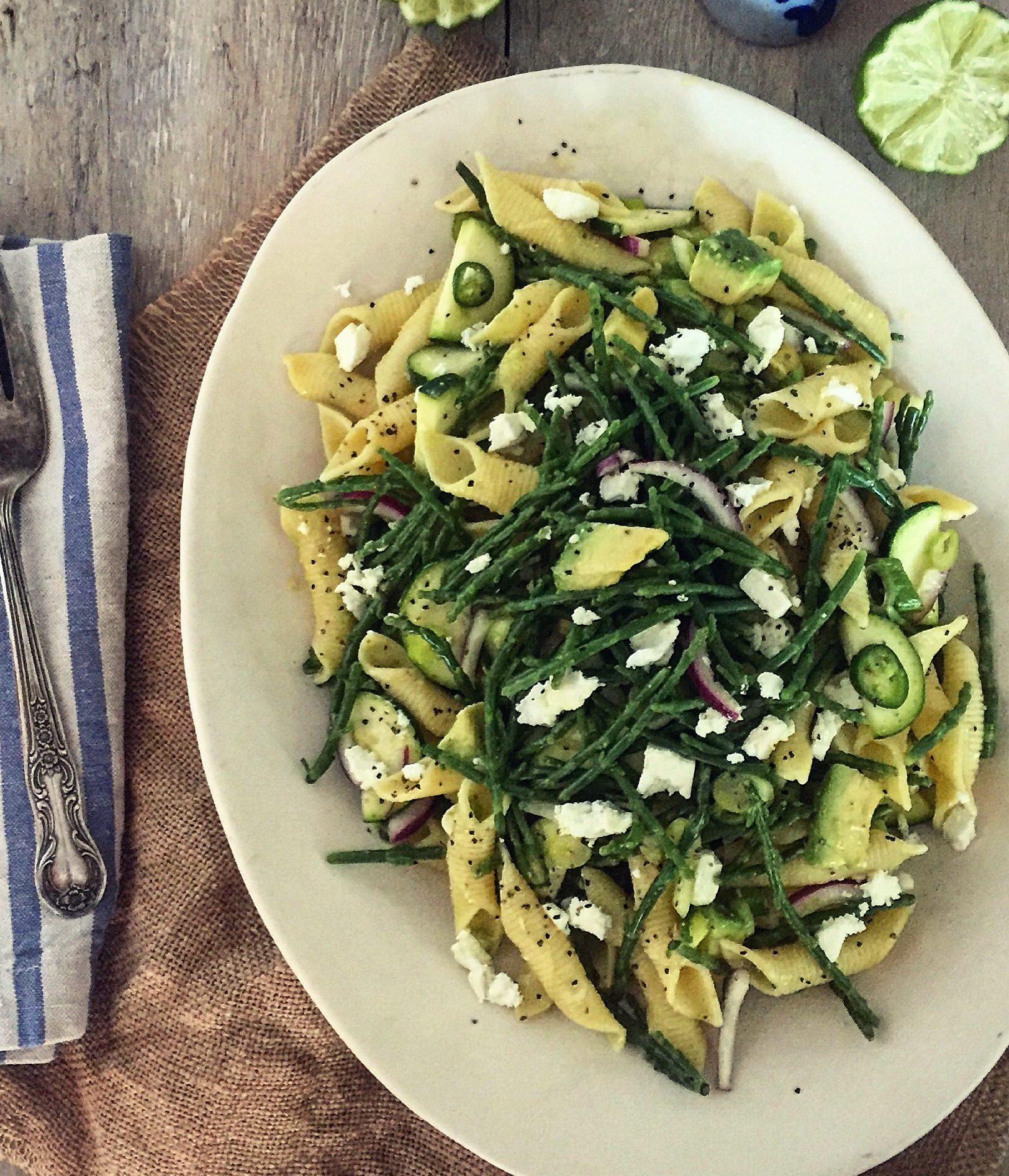 Samphire and Zucchini Pasta Salad with Avocado and Feta | The Lemon Apron