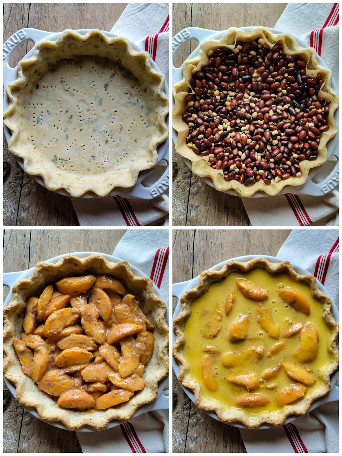 photo montage of a pie being made. The basil crust is in the first image. Parchment paper and dried beans are added to the pie shell in the second image. Sliced peaches tossed in cinnamon are added to the par-baked crust in the third image. The custard filling is poured over the peaches in the fourth image.