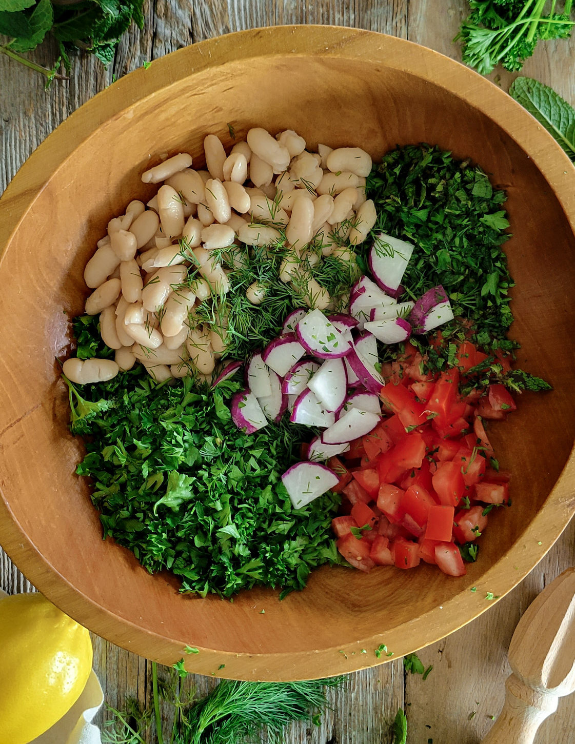 A wooden bowl filled with white beans, parsley, chopped tomatoes, chopped mint leaves, and radishes ready to be tossed.