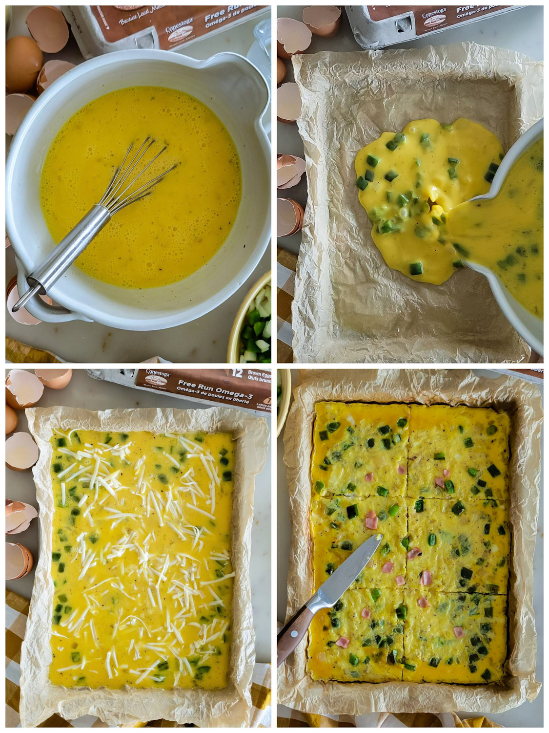 A collage showing the preparation for Toasted Western Sheet Pan Baked Eggs. The Mixing bowl is in the first image. The egg batter is being poured into the parchment lined baking sheet in the second image. The third image shows grated cheese strewn on top. The final image shows the baked eggs, with cubed ham and diced green peppers dotting the surface. A knife that has sliced the baked eggs into 6 squares sits on on the edge of the pan.