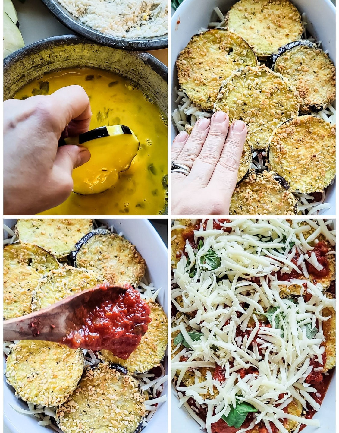 Prep shots of making Lighter Eggplant Parmesan. Dipping the eggplant slices in the egg batter. Layering the broiled breaded eggplant slices over cheese.Spooning the sauce over the eggplant slices. Finishing with more cheese and basil leaves.