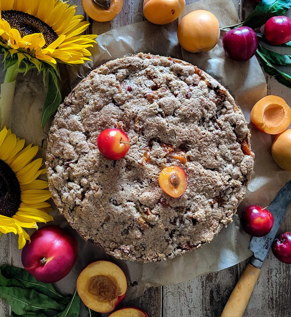 Brown Butter Stone Fruit Streusel Coffee Cake surrounded by cut apricots and nectarines, and sunflowers