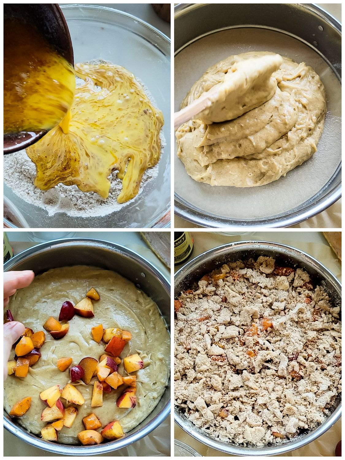 prep shots of Brown Butter Stone Fruit Streusel Coffee Cake. Pouring in the brown butter and eggs; spooning the batter into the prepared pan; scattering the cut fruit on top of the batter; and finishing with the spiced streusel topping.