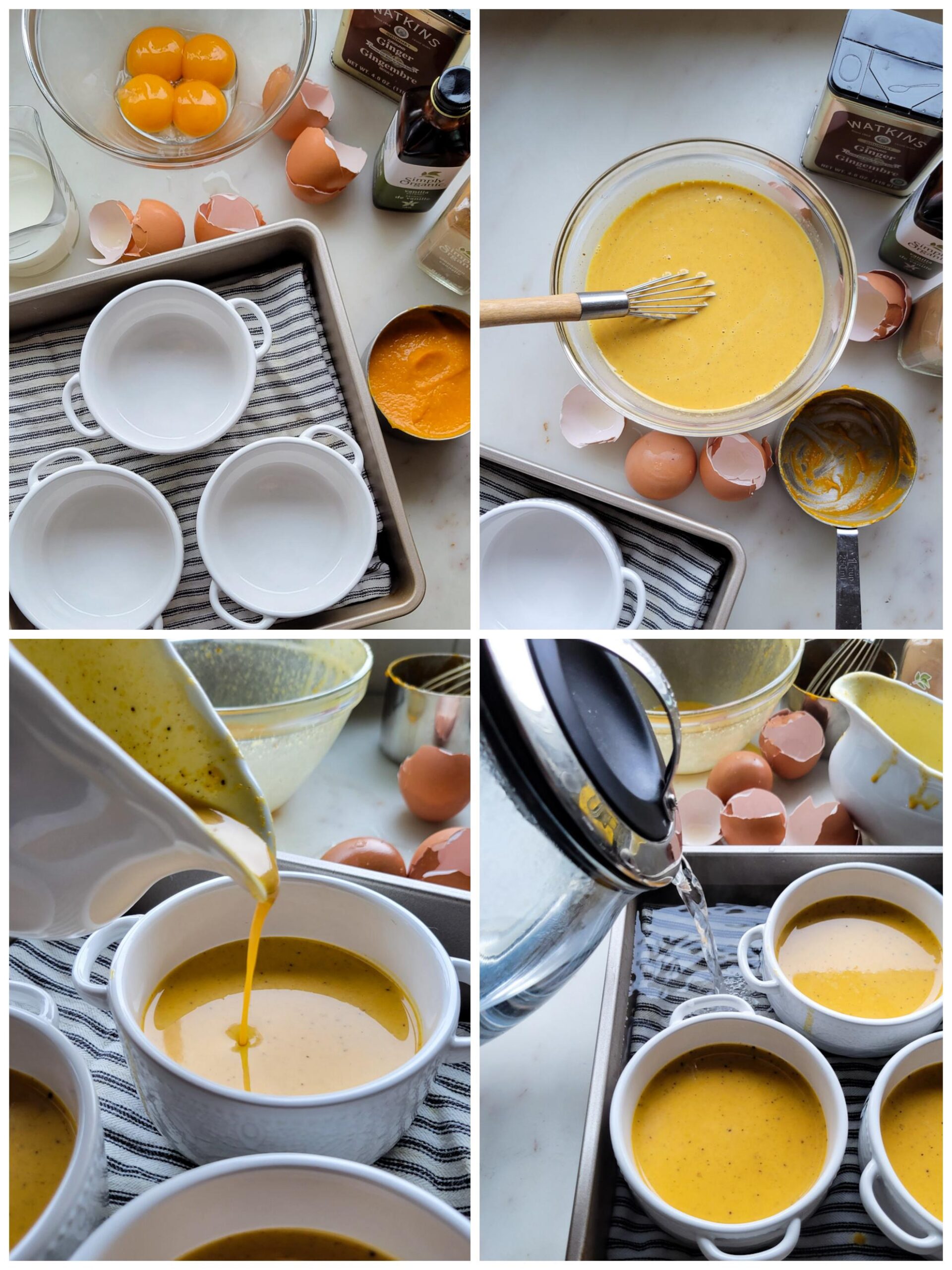 Collage showing the prepration of assembling pumpkin creme Brûlée.