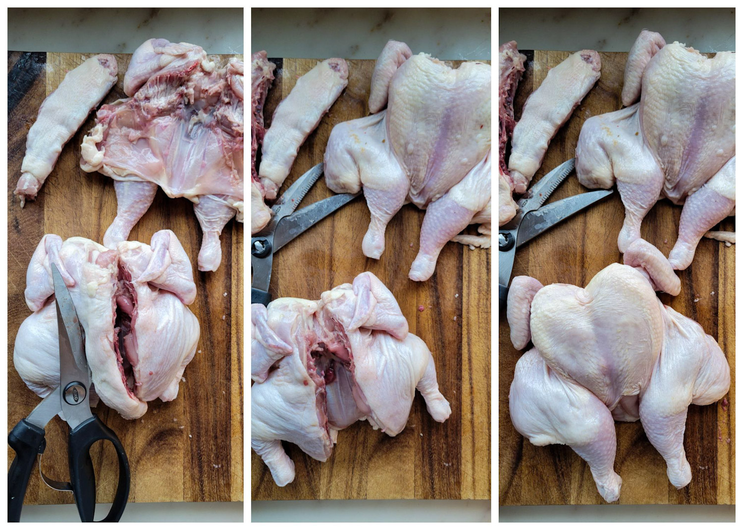 Prepping cornish game hens for roasting. Spatchcocking the hens by cutting out the back bone. Each phone shows the progress and how the finished hens should look.