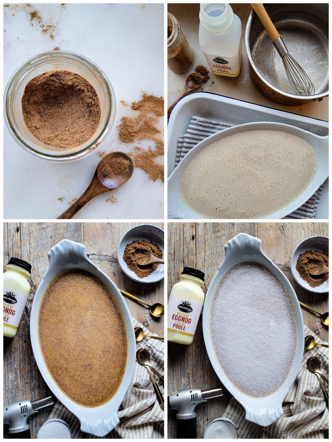 Collage showing the steps for making Chai Eggnog Creme Brulee.