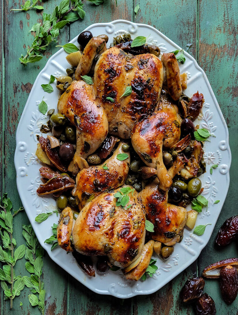 A platter with Roasted Cornish Game Hen Marbella, with dates, olives, garlic and oregano.