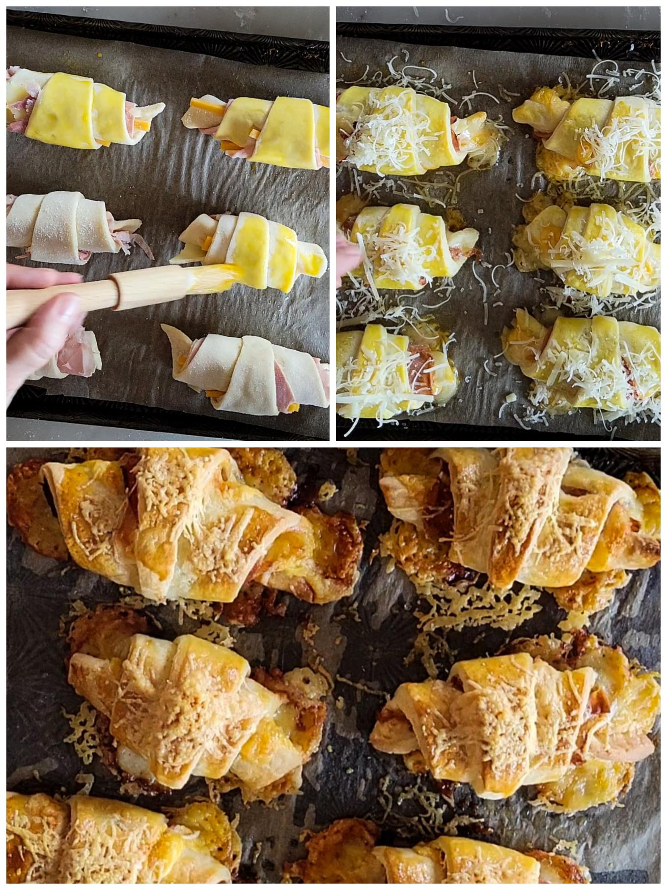 Collage showing how to prep and bake ham and cheese croissants
