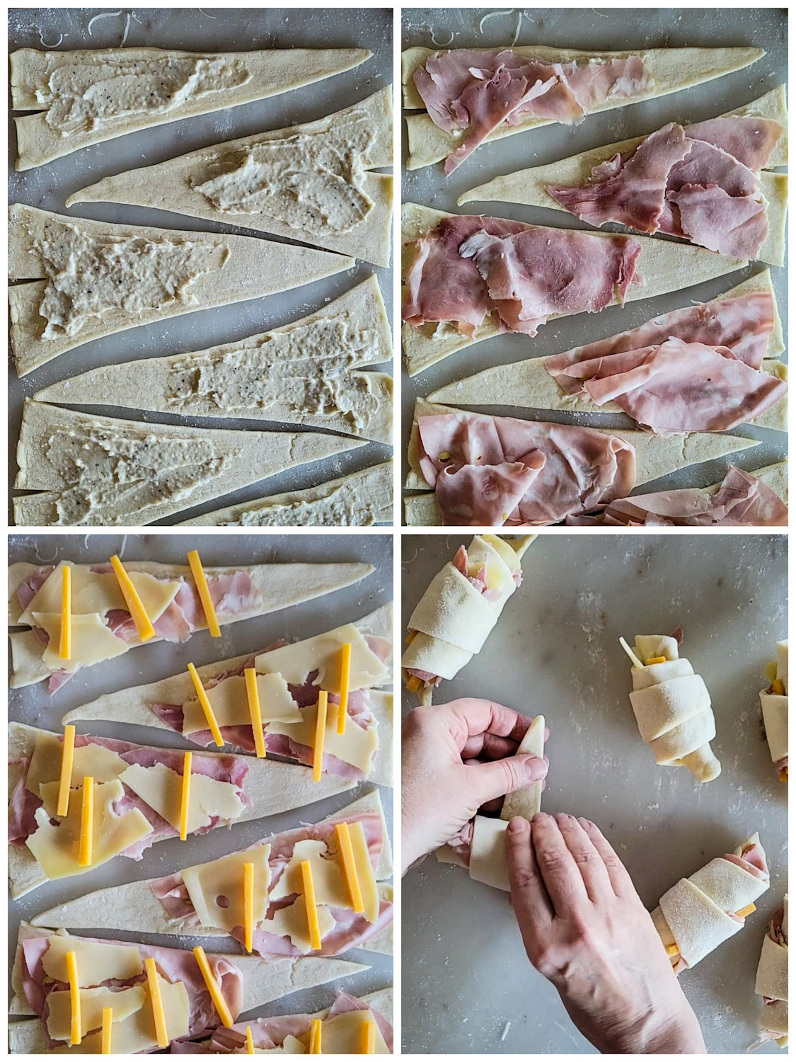 Collage showing how to cut, and fill ham and cheese croissants using puff pastry.