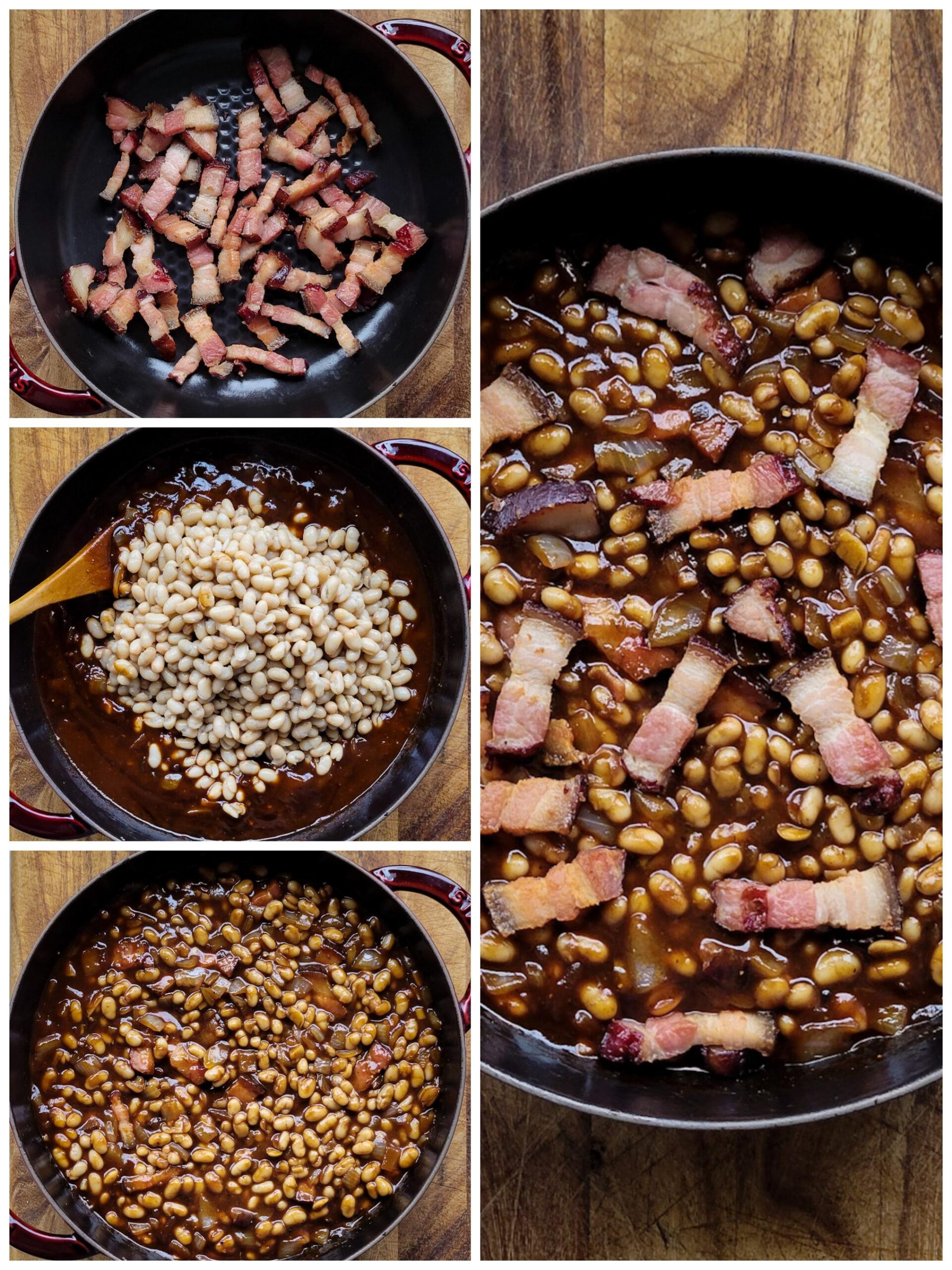 Collage showing the steps of making Classic Baked Beans.