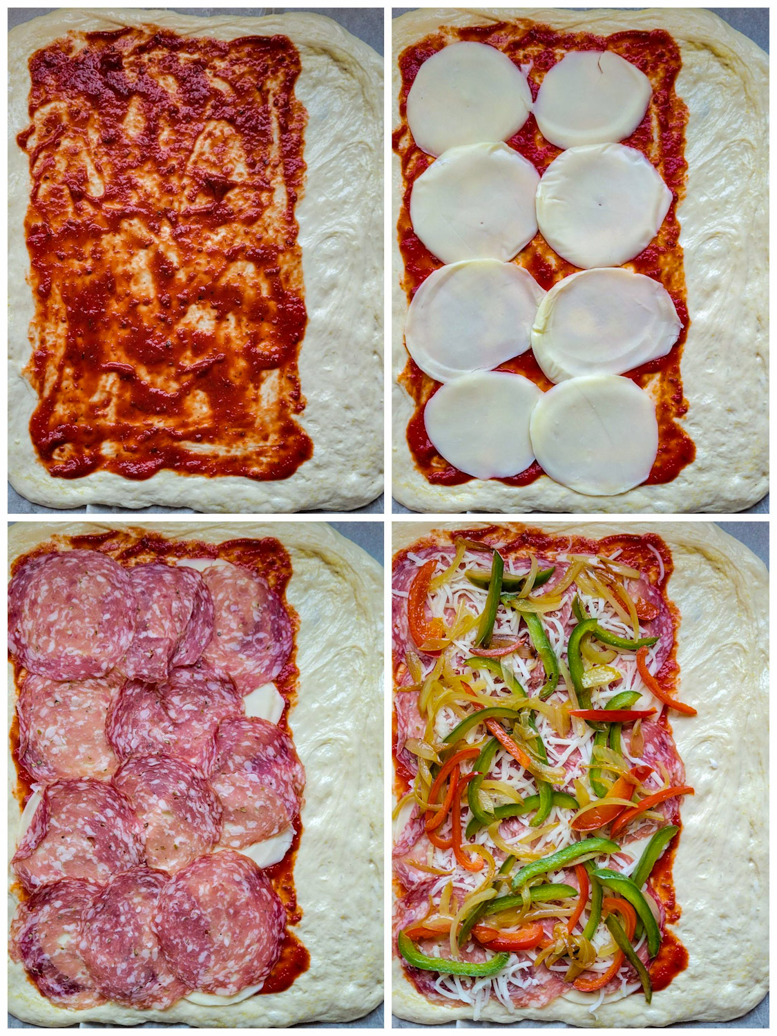 A collage showing the layers in making a Stromboli, a rolled pizza.