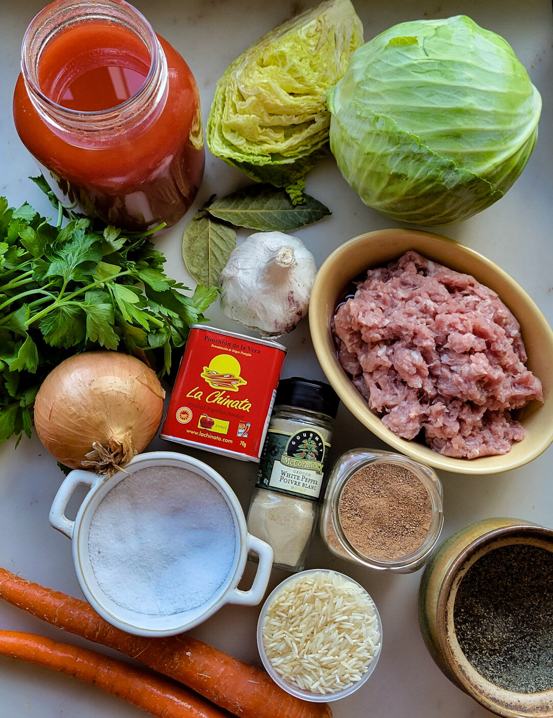 The ingredients for Cabbage Roll Soup on the counter.