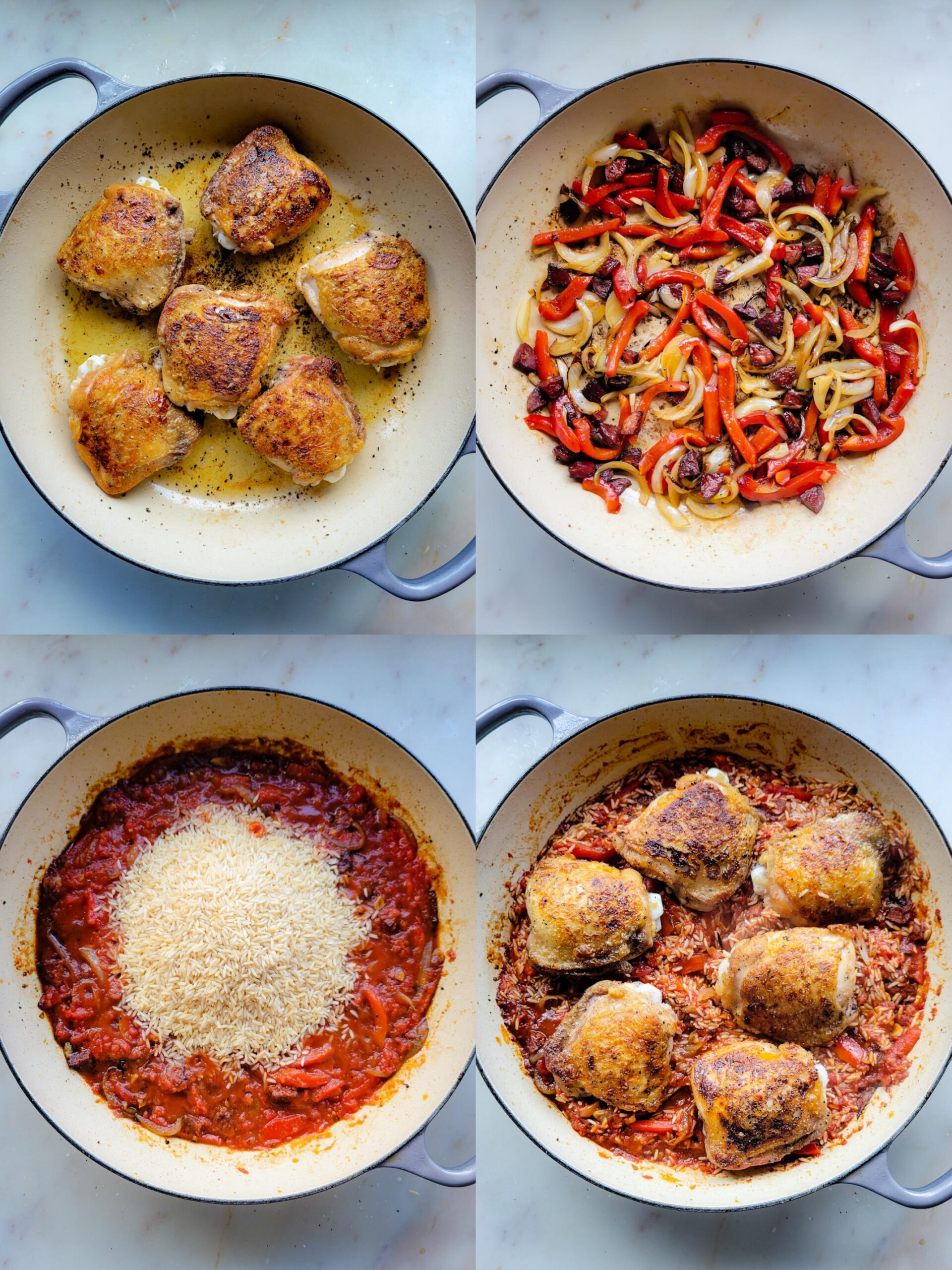 Collage showing the steps in making Basque Chicken and Rice in a skillet.