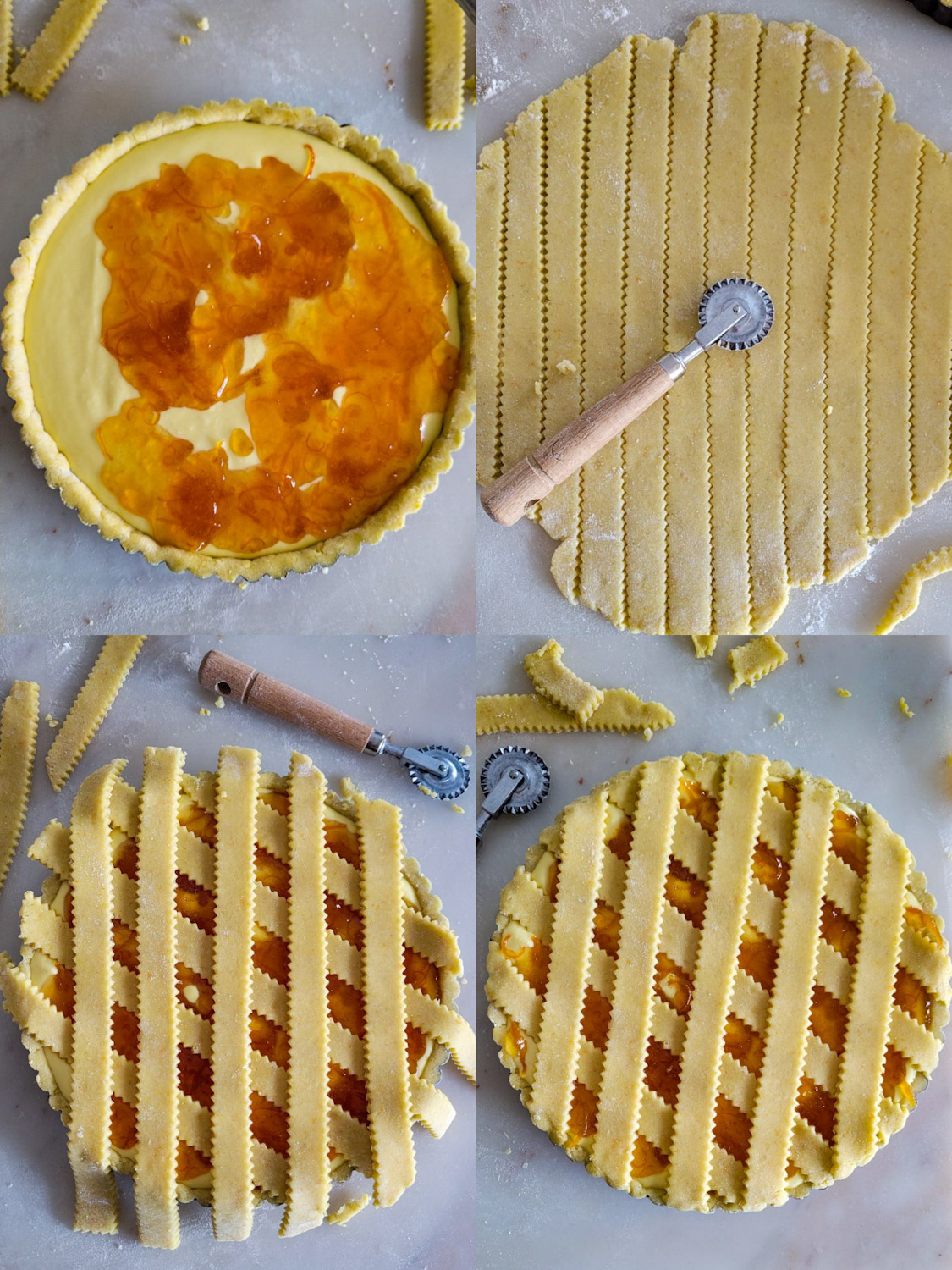 Collage showing the assembly of a Marmalade Ricotta Crostata, including the lattice work on the tart.