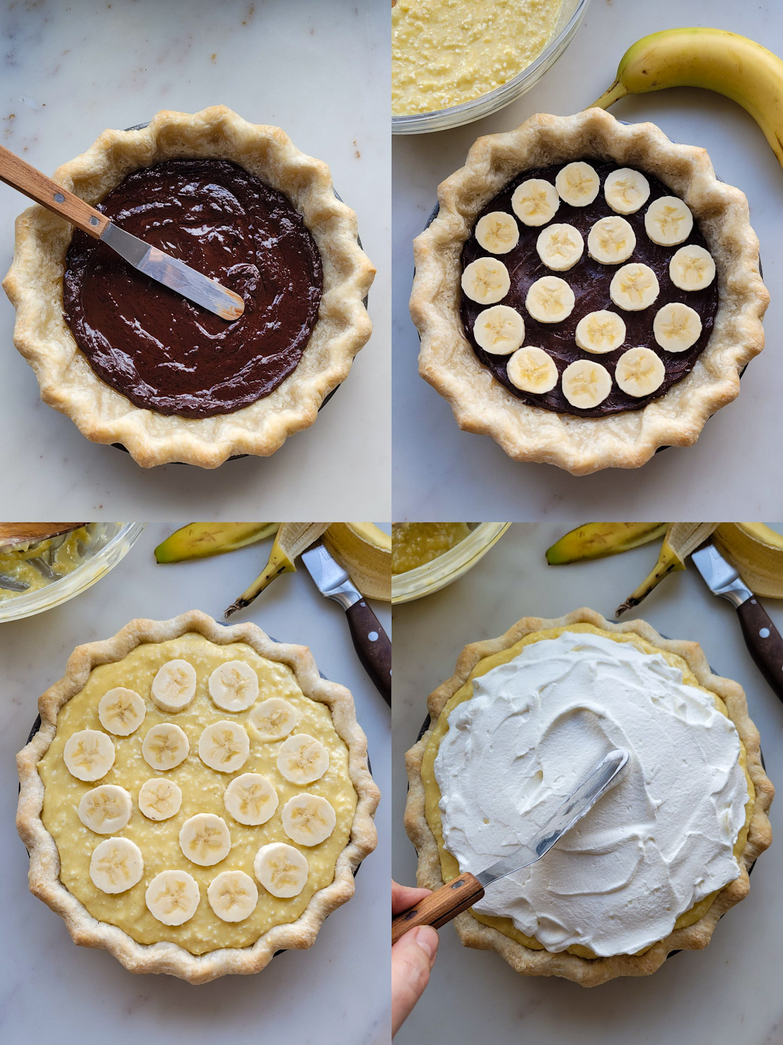 Collage showing the making of a Black Bottom Banana Coconut Cream Pie