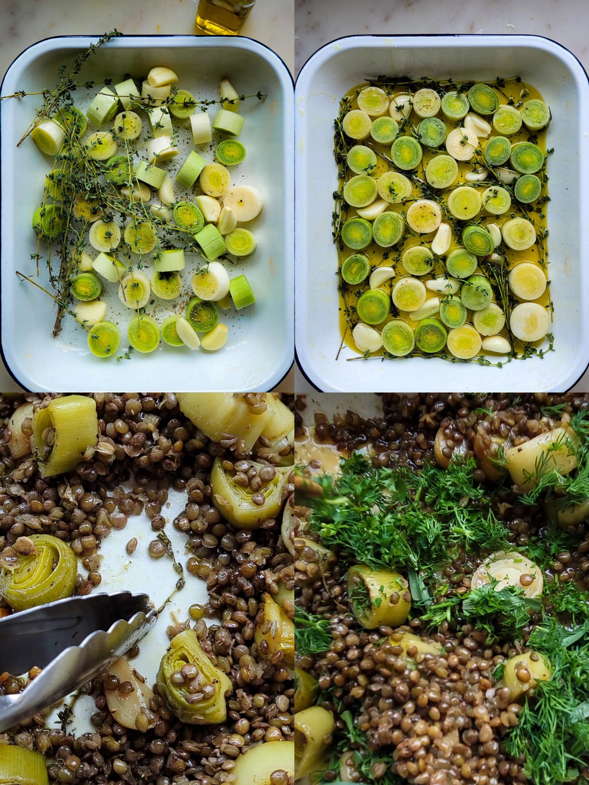 Collage showing the making of Leek Confit with Lentils.