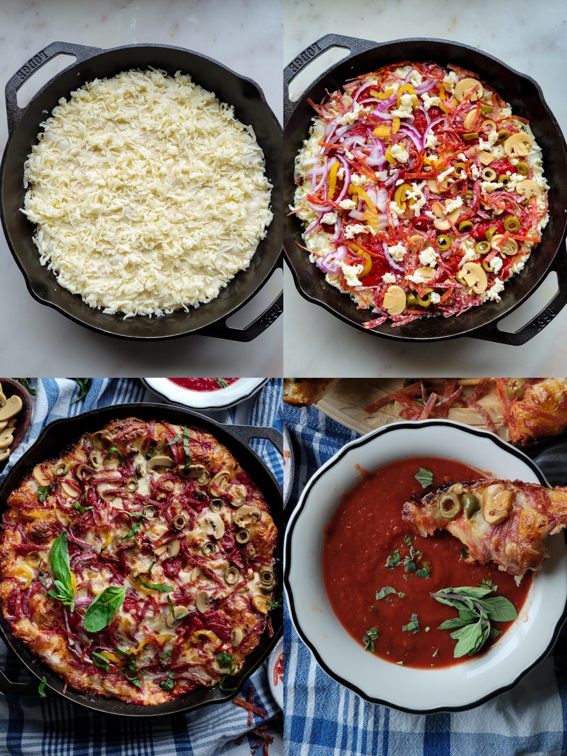 Collage showing the making of a Windsor Style Skillet Pizza.