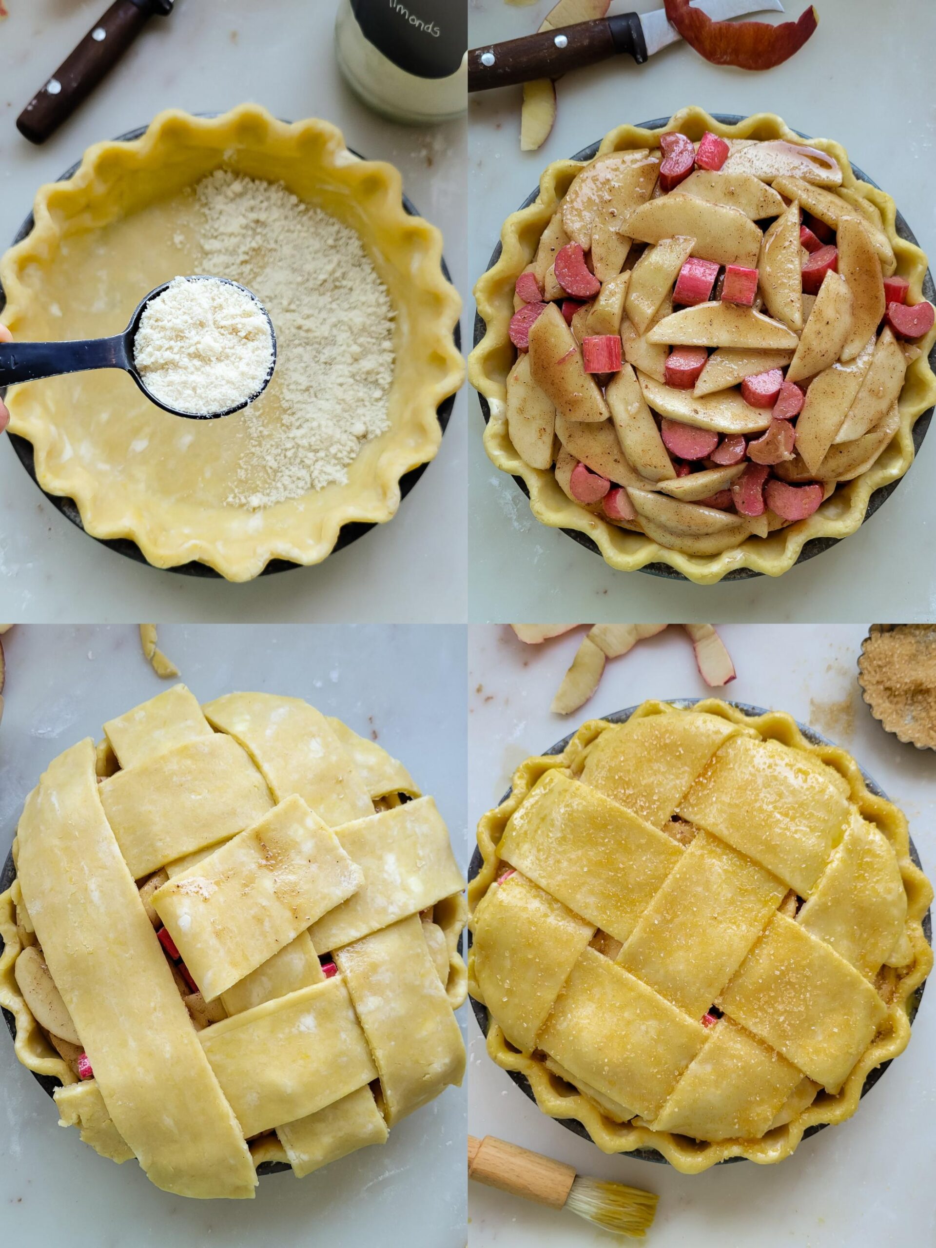 Collage showing the preparing a Apple Rhubarb Pie for baking.
