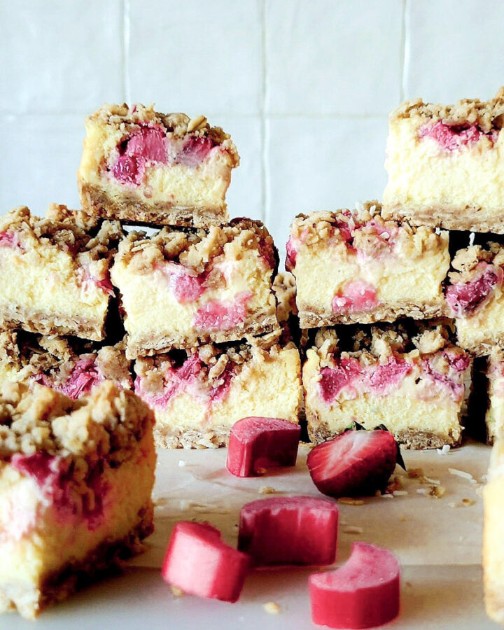 Strawberry Rhubarb Cheesecake Squares with Coconut Oat Crumble The