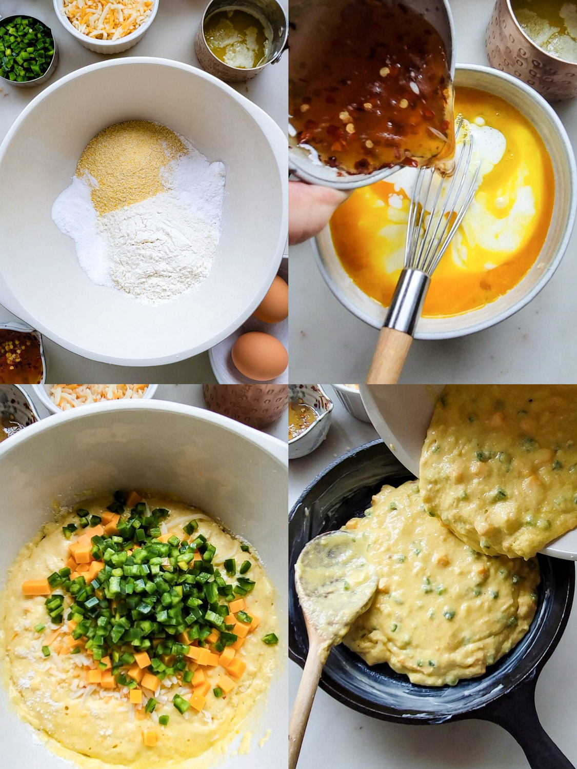 Collage showing the stages of making Jalapeno Cheddar Cornbread with Hot Honey