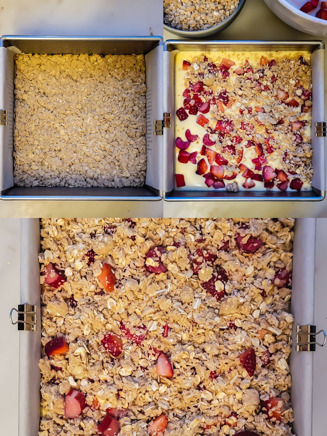 Assembly of the Strawberry Rhubarb Cheesecake Squares, the different stages in the baking pan.