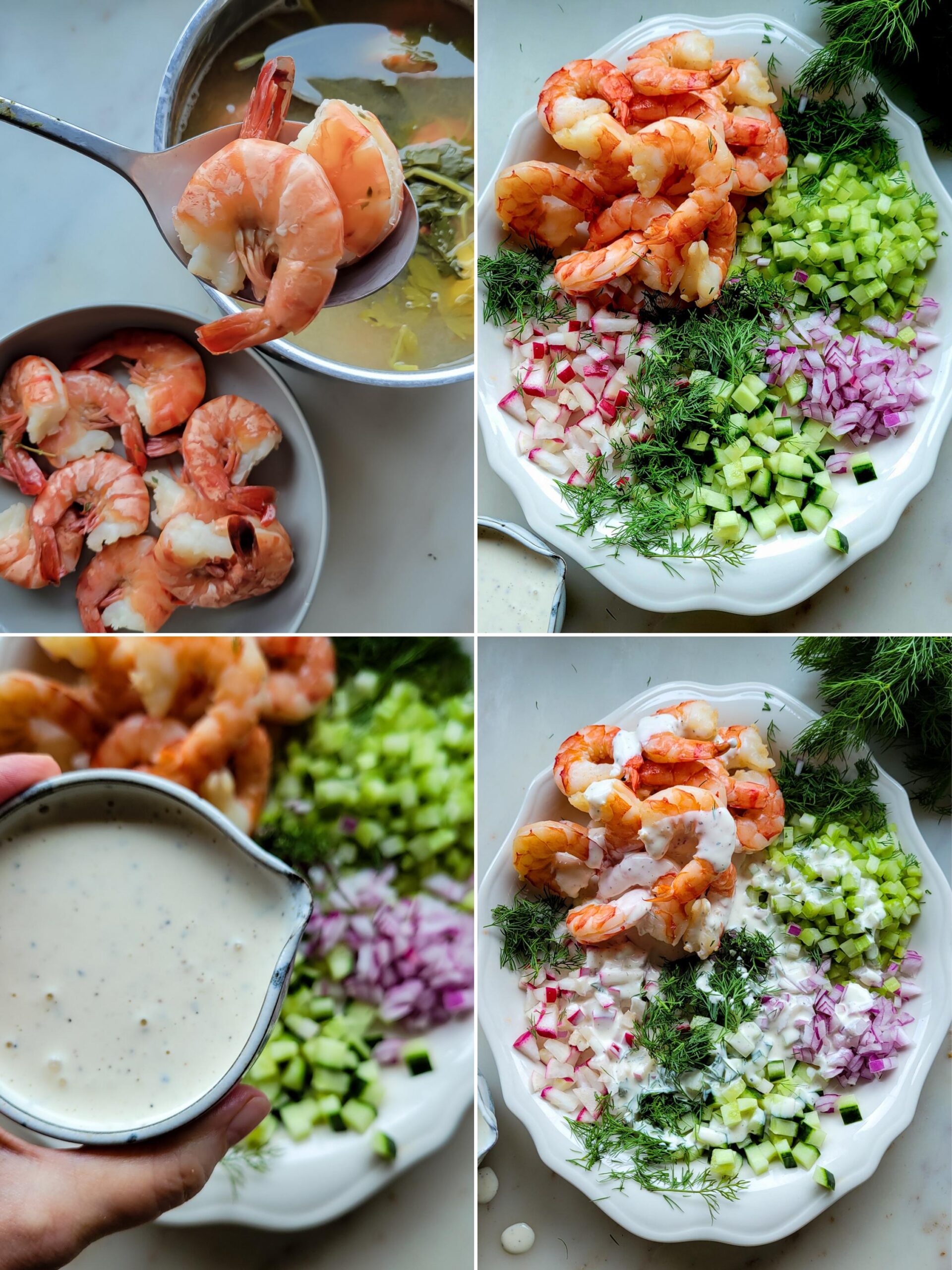 Collage showing the Stages of making Nordic Shrimp Salad, including poaching the shrimp, assembling the ingredients, and dressing the salad with the creamy dressing.