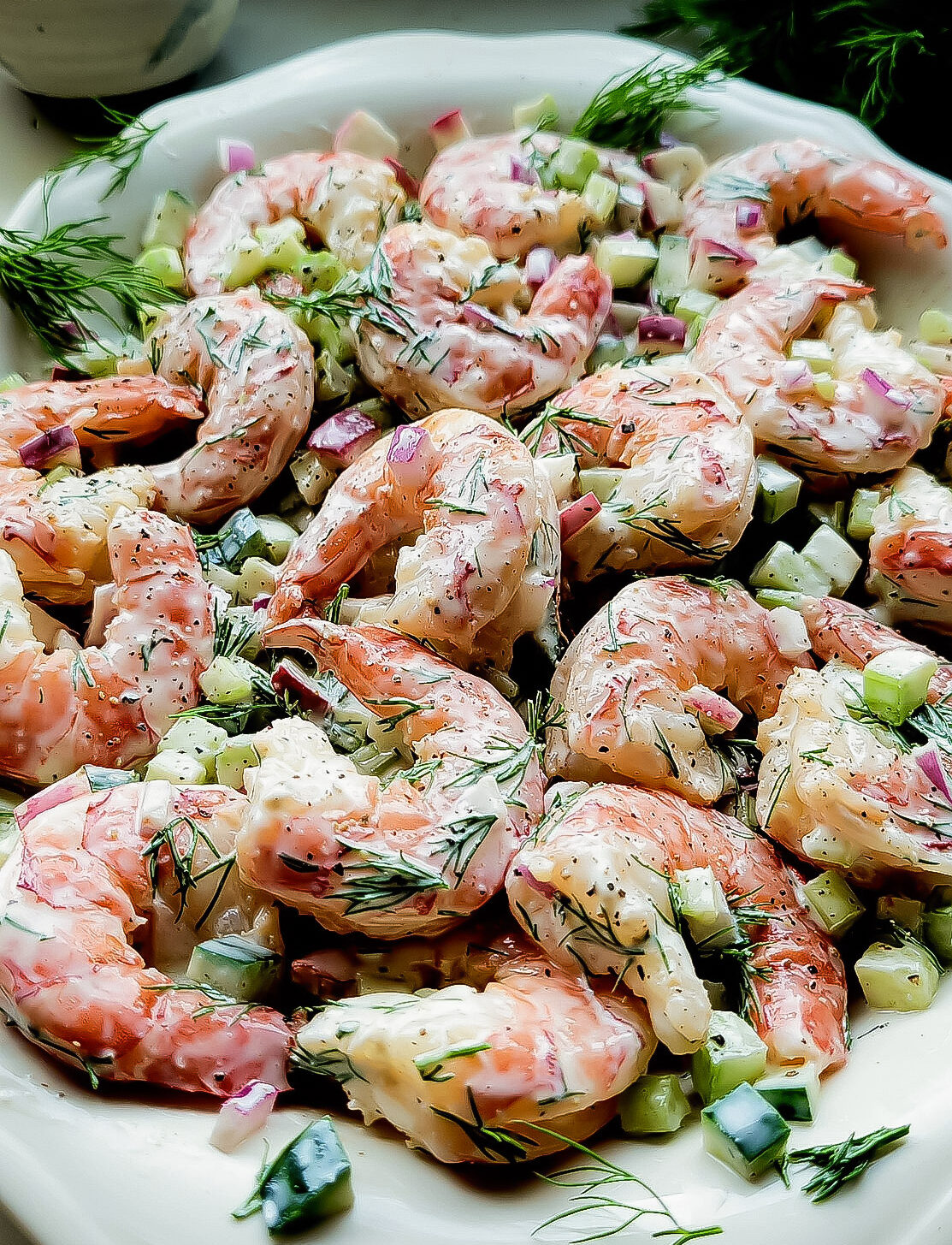 Close up of Nordic Shrimp Salad on a platter.