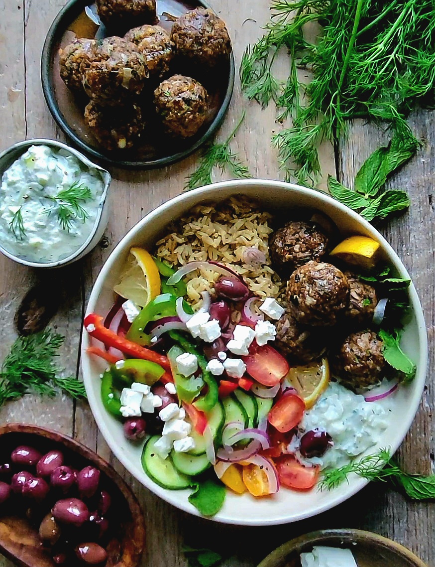 feta stuffed greek meatballs bowl The Lemon Apron