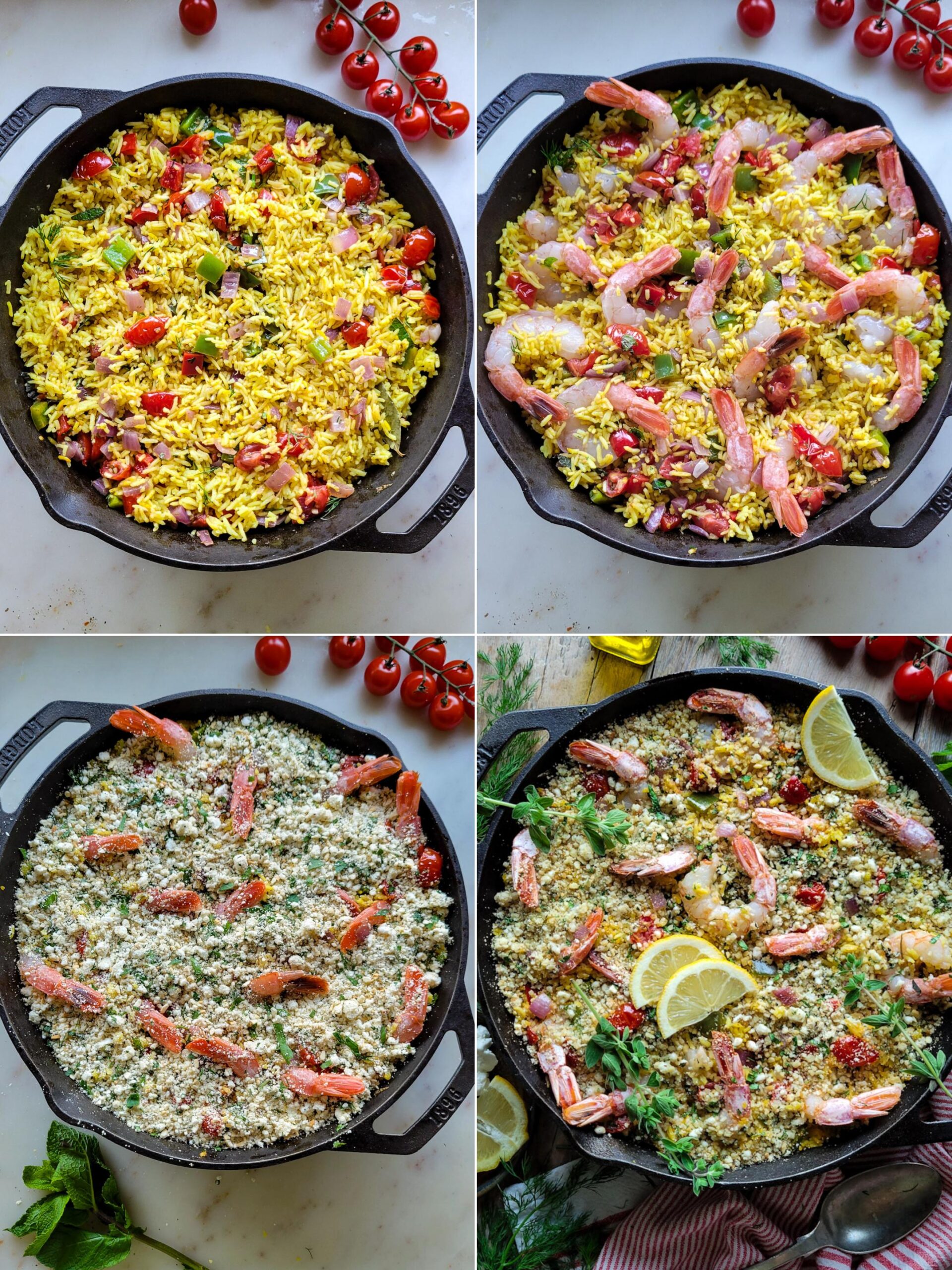 Collage showing the assembling of a Mediterranean Shrimp and Rice Bake in a large skillet.