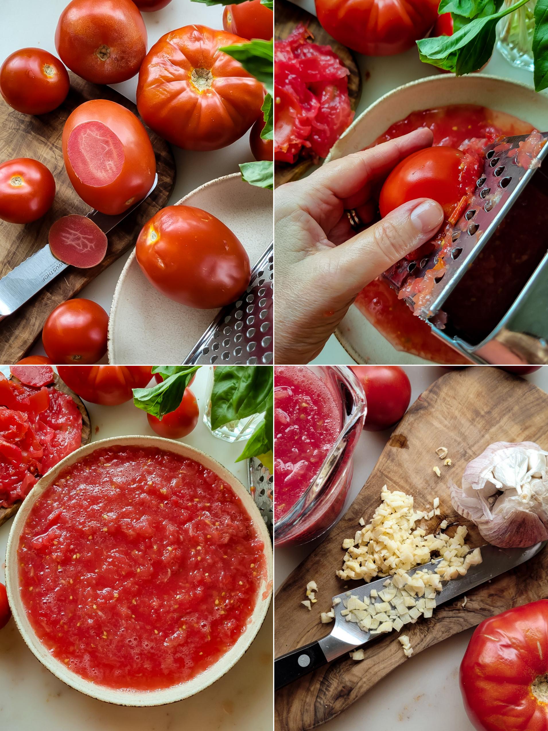 Collage showing the preparing of a fresh tomato Summer Sauce, including grating the tomatoes.