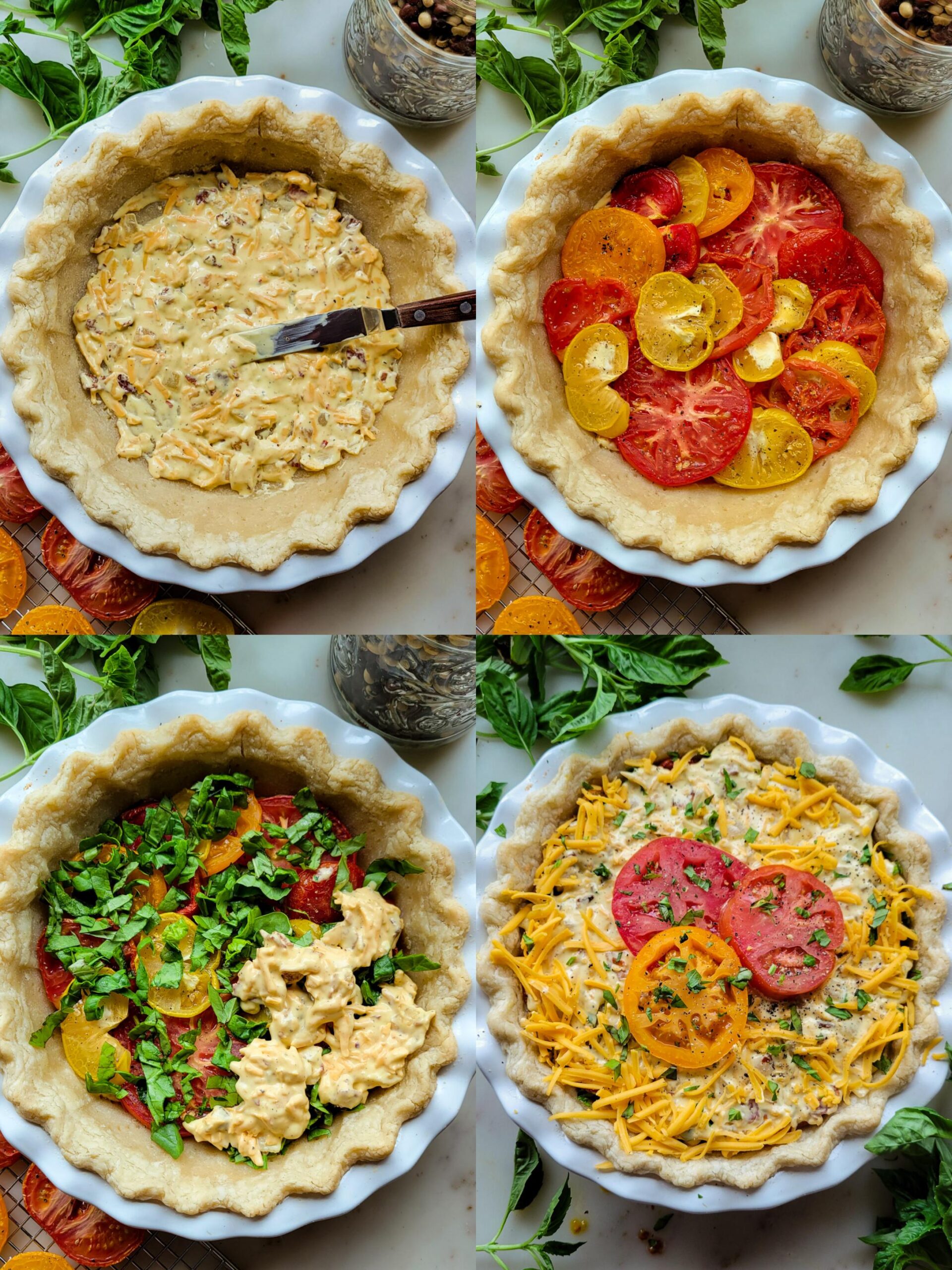 Collage showing the assembling of a Cheesy Tomato Pie