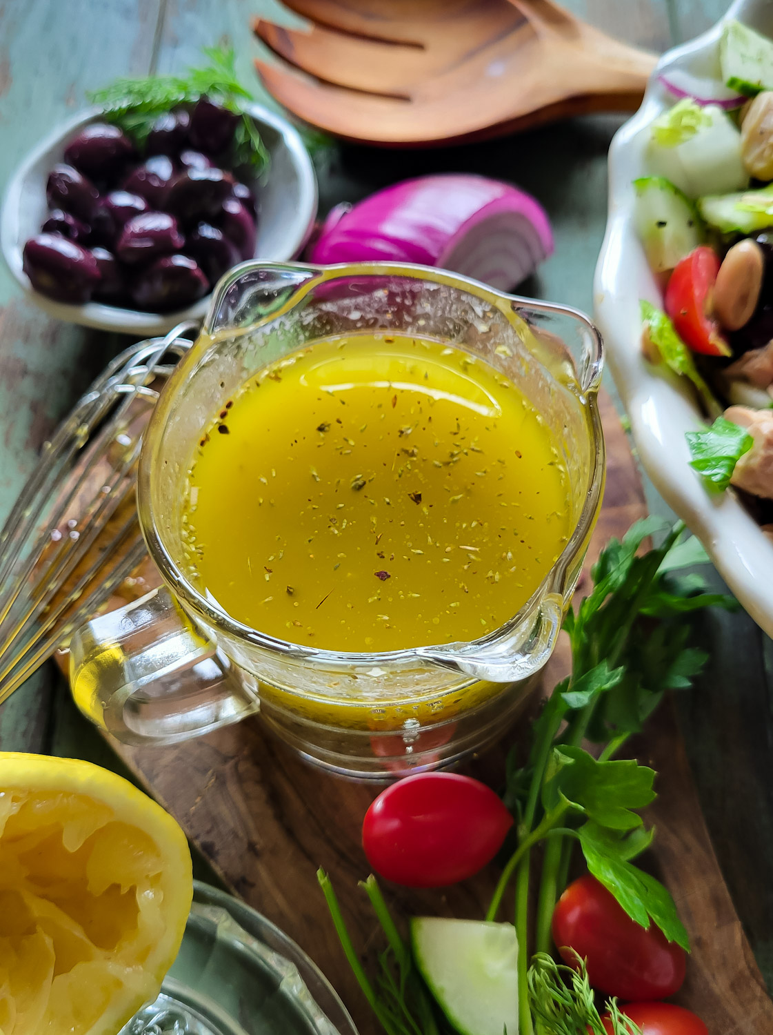 Master Vinaigrette in a glass measuring cup used for the Mediterranean White Bean and Tuna Salad.