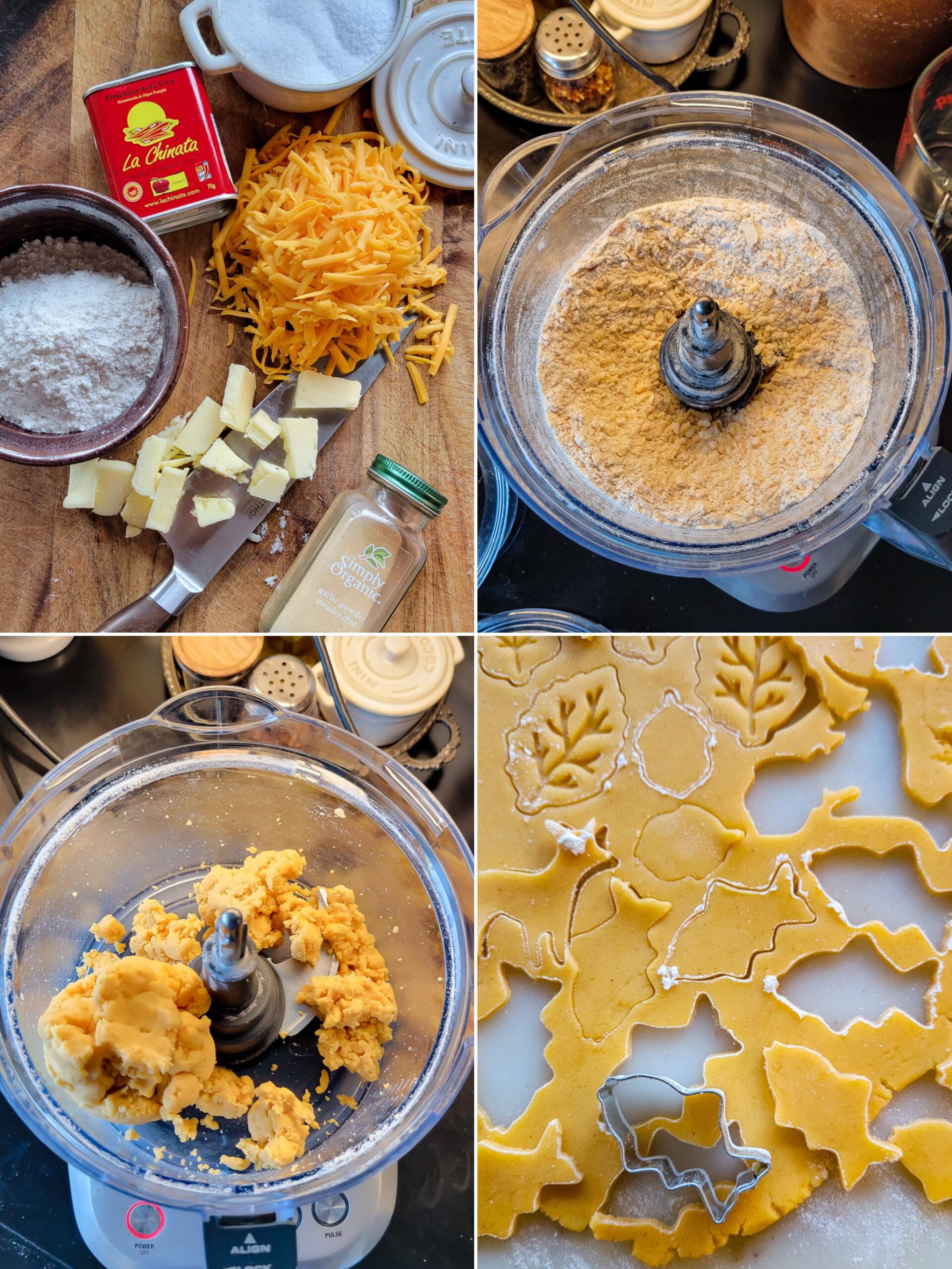 Collage showing the ingredients and making of the gluten free goldfish dough for cutting out.