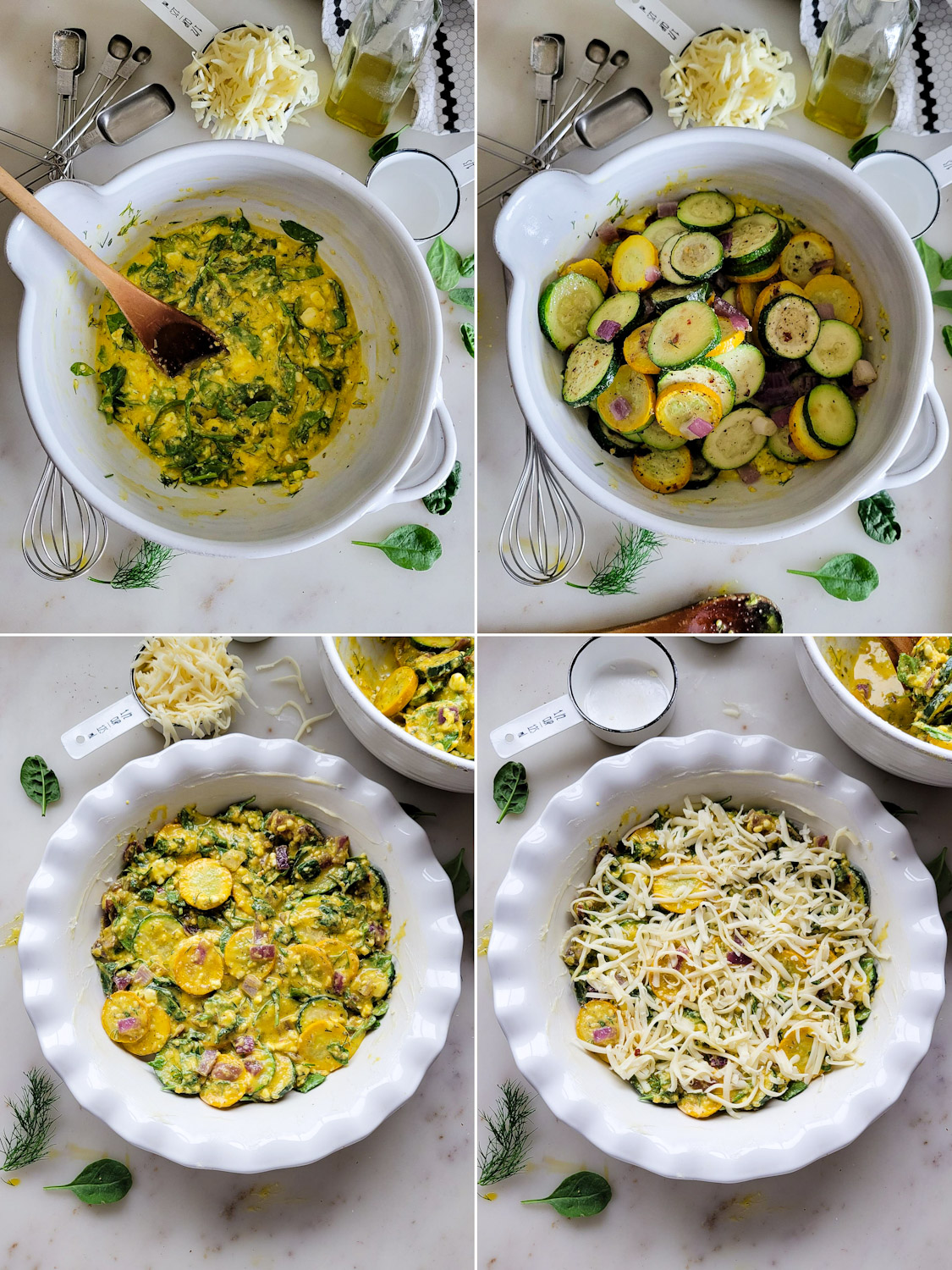 Collage showing the assembling of a Zucchini Spanakopita Quiche.