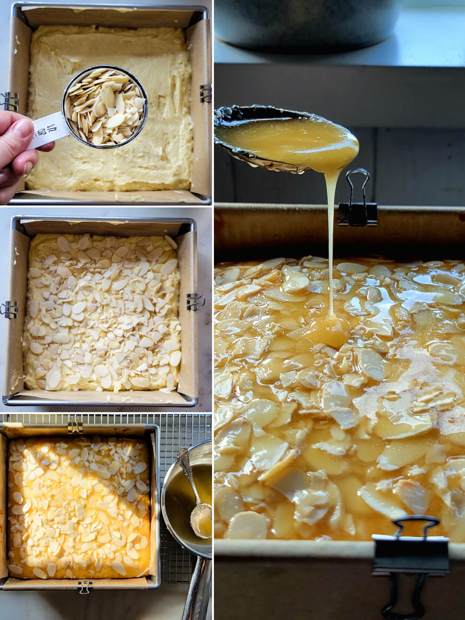 Collage showing the assembling of a Bienenstich Torte, drizzling of the honey over the almond topped baked cake.