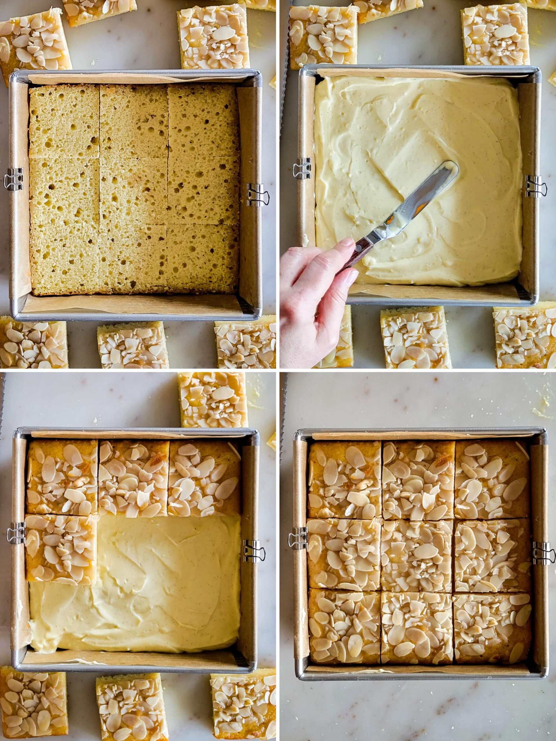 Collage showing the layering of the Bienenstich Torte in the baking pan, spreading out the pastry cream in the centre and topping with the cut cake top.