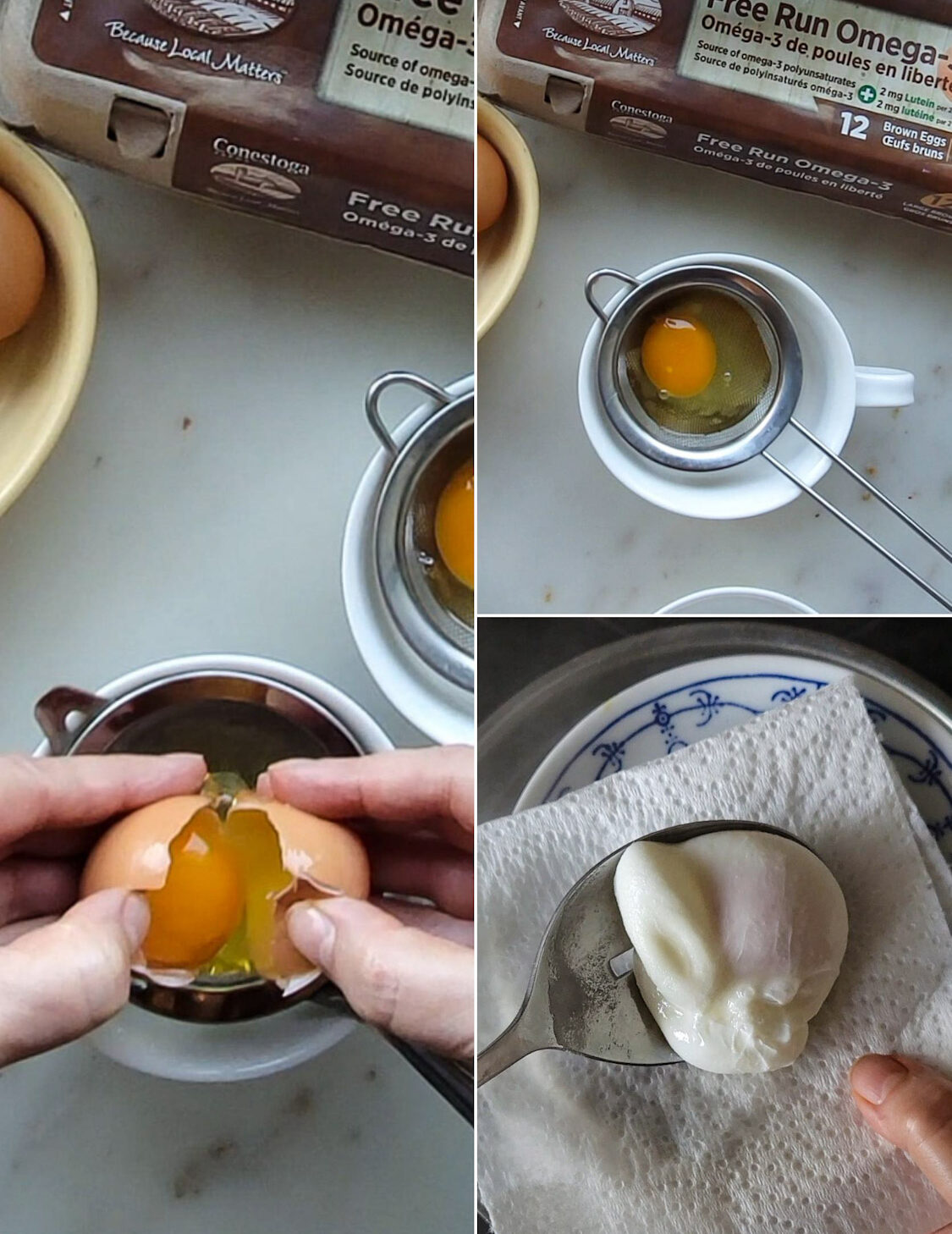 Collage showing the cracking of an egg into a small sieve in preparation for poaching, to top Turkey Sweet Potato Hash.