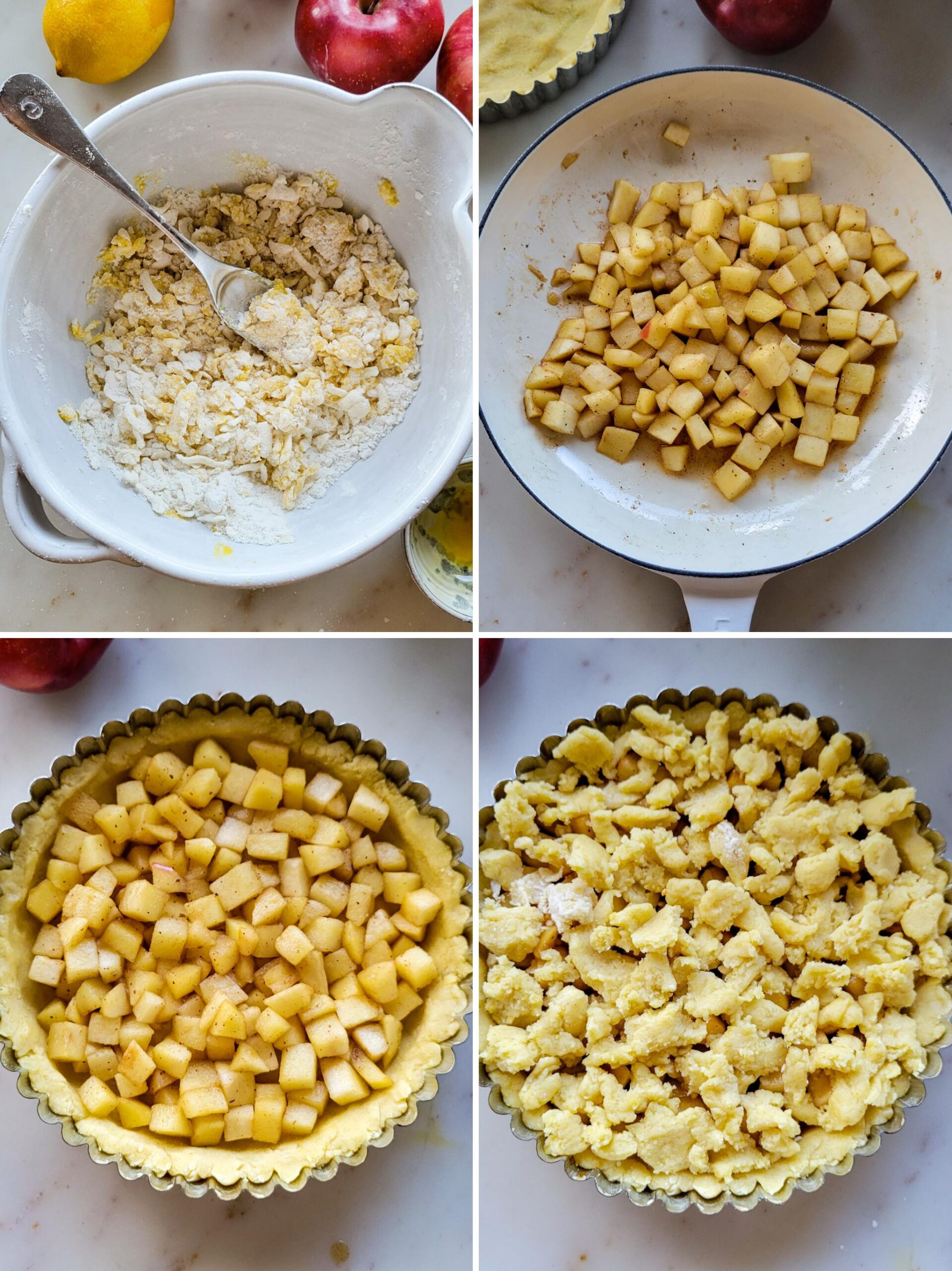 Collage showing the making of a Salted Bourbon Caramel Apple Crostata