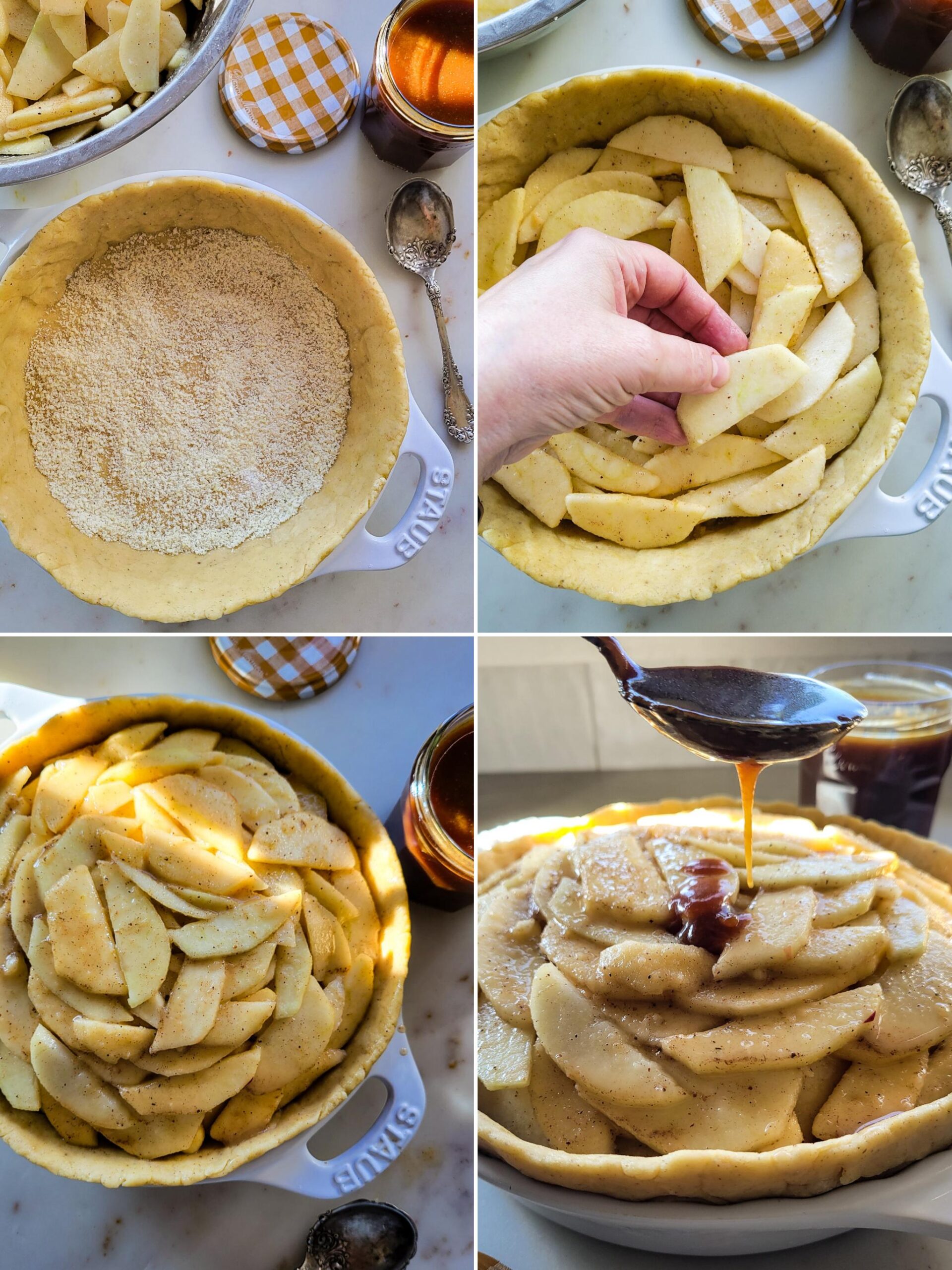 Collage showing the assembling of a Salted bourbon Caramel Apple PIe.