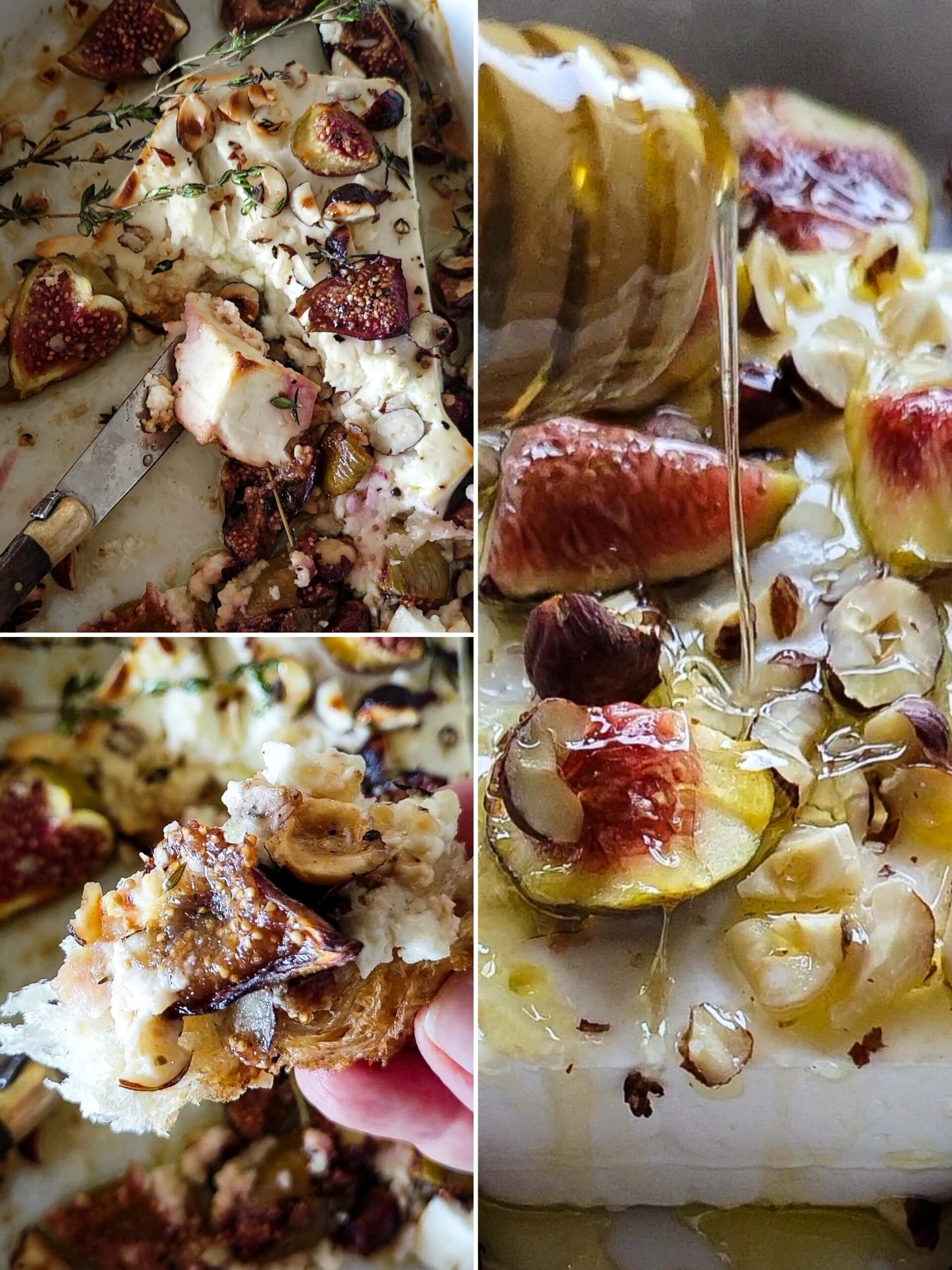 Collage showing the finished Baked Feta with Hazelnuts and Figs, with extra honey being drizzled on top, as well as a crostini spread with the mixture.