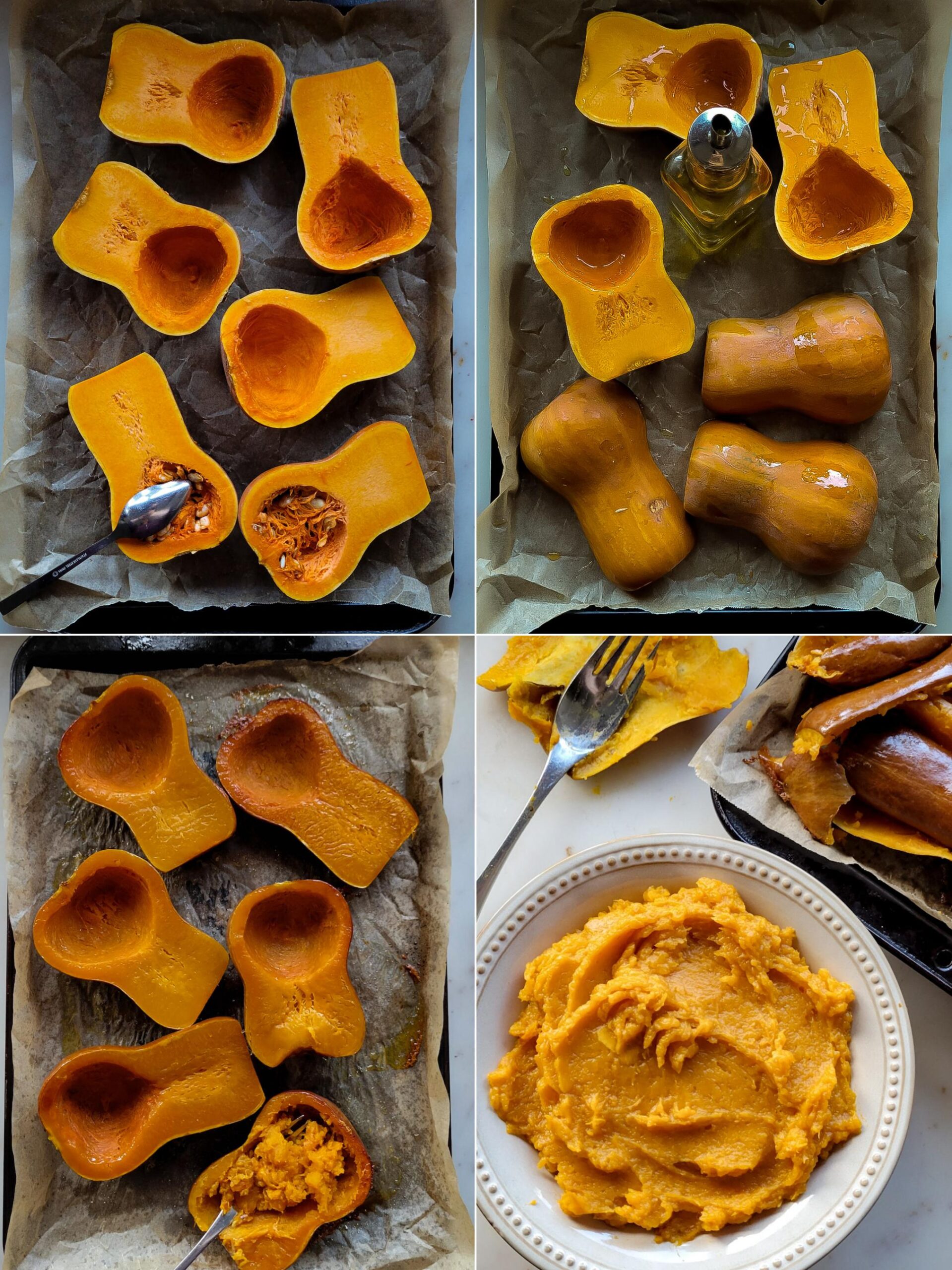 Collage showing how to roast off honeynut squash to make purée.