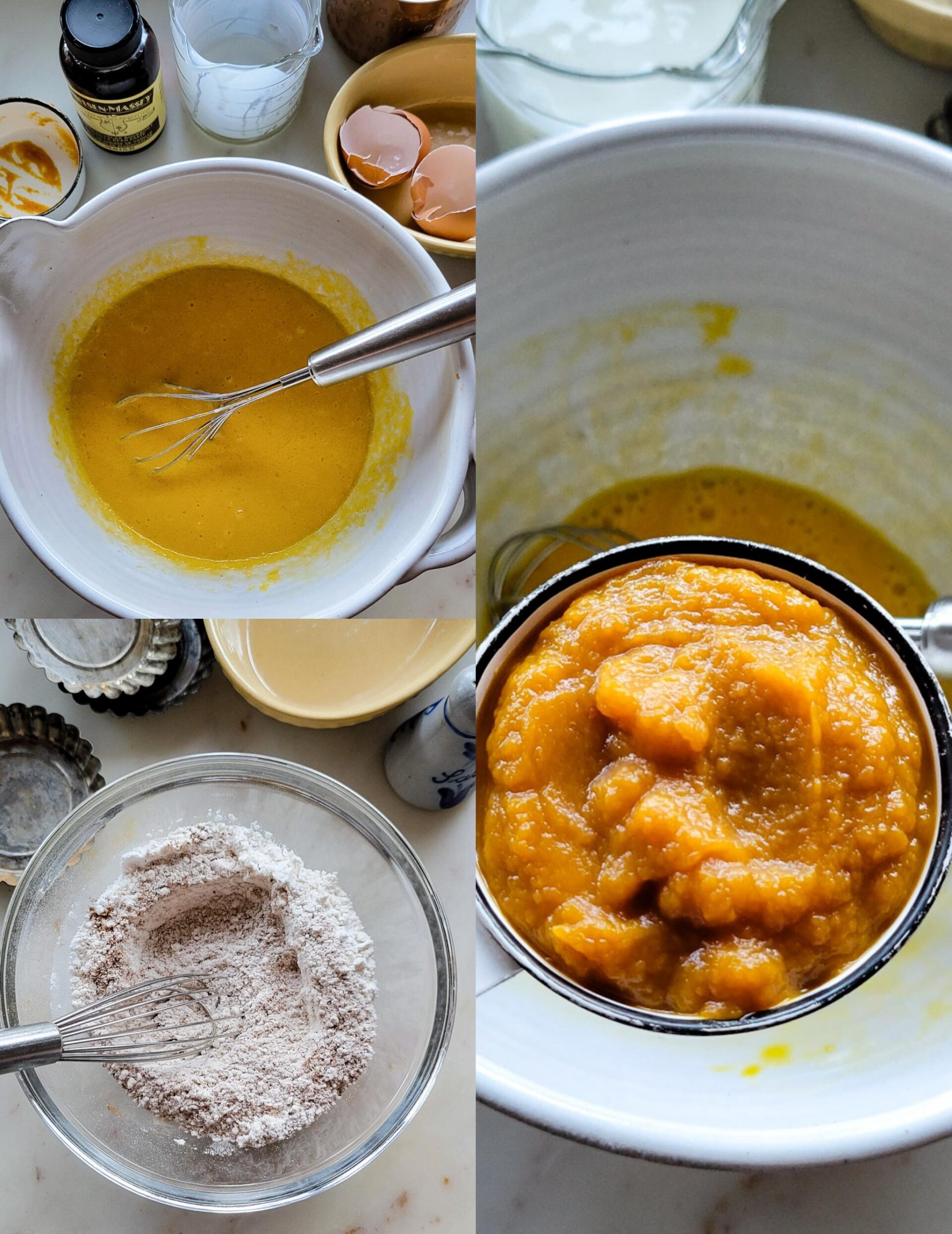 Collage showing the making of the Pumpkin Waffles batter.