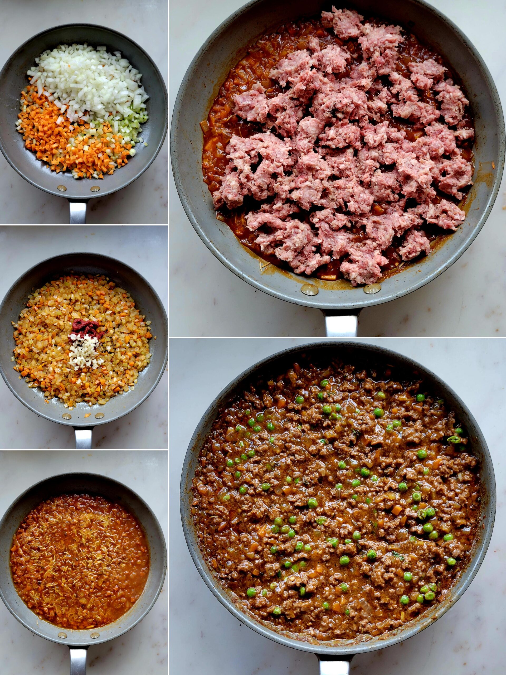 Collage showing the making of the Sheperd's Pie filling for Stuffed Potatoes