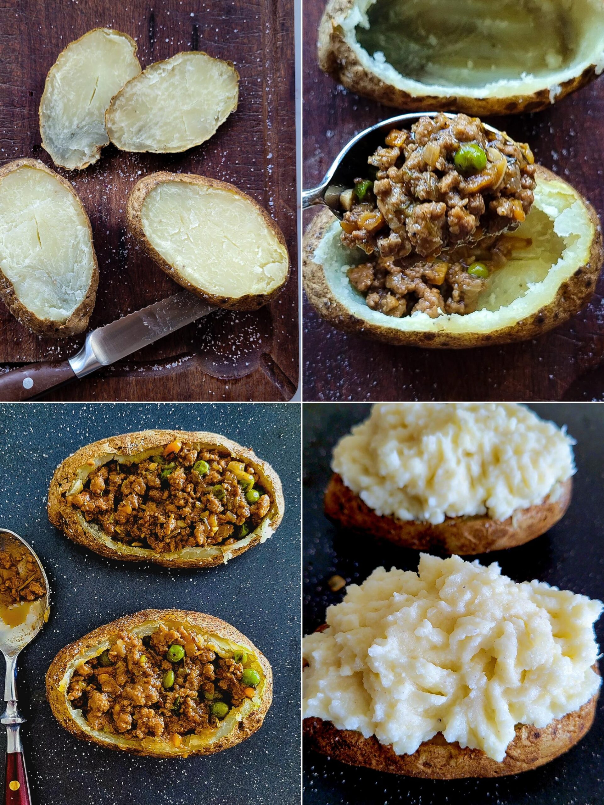 Collage showing the assembling of Shepherd's Pie Stuffed Potatoes